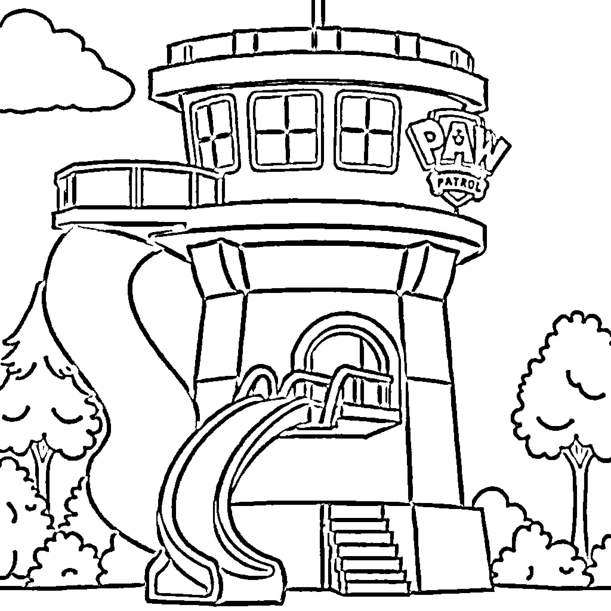 Paw Patrol Headquarters with Slide Coloring Page (free black-and-white line drawing printable PDF for all, from beginners to advanced learners, including children, teens, adults, and seniors)