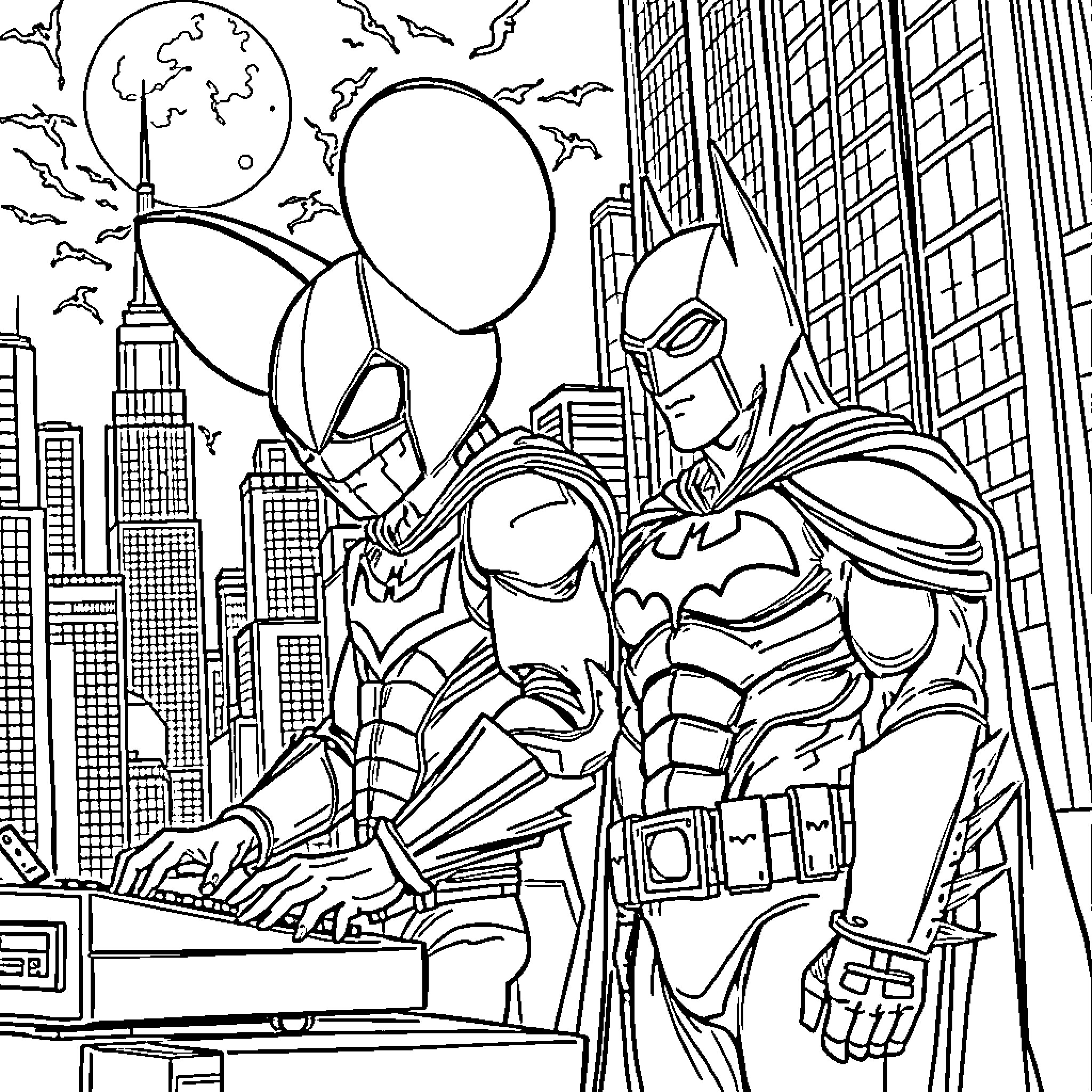 Deadmau5 Superheroes Battling in the City Skyline Coloring Page (free black-and-white line drawing printable PDF for all, from beginners to advanced learners, including children, teens, adults, and seniors)