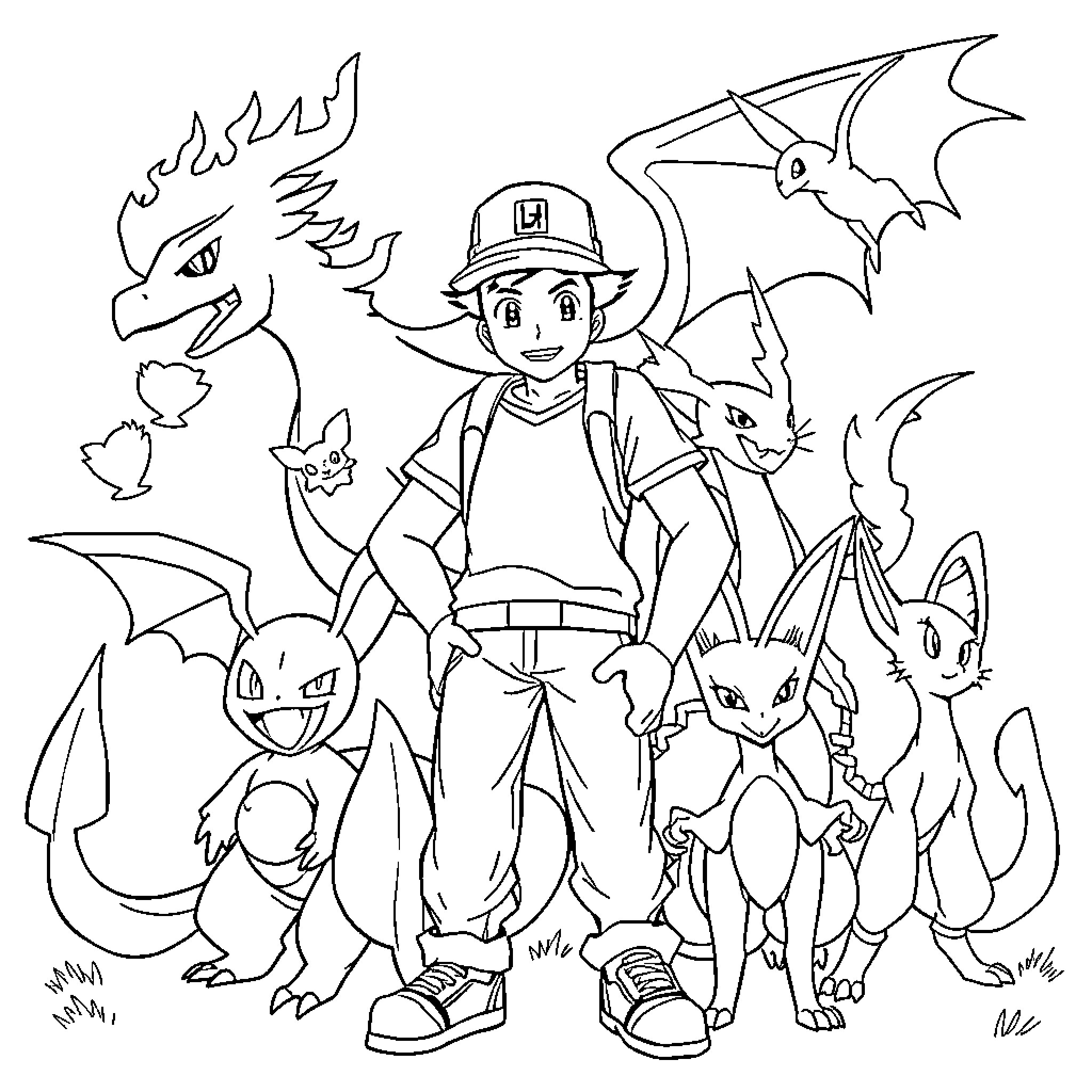 Pokémon Trainer and Companions Enjoying Adventure Coloring Page (free black-and-white line drawing printable PDF for all, from beginners to advanced learners, including children, teens, adults, and seniors)