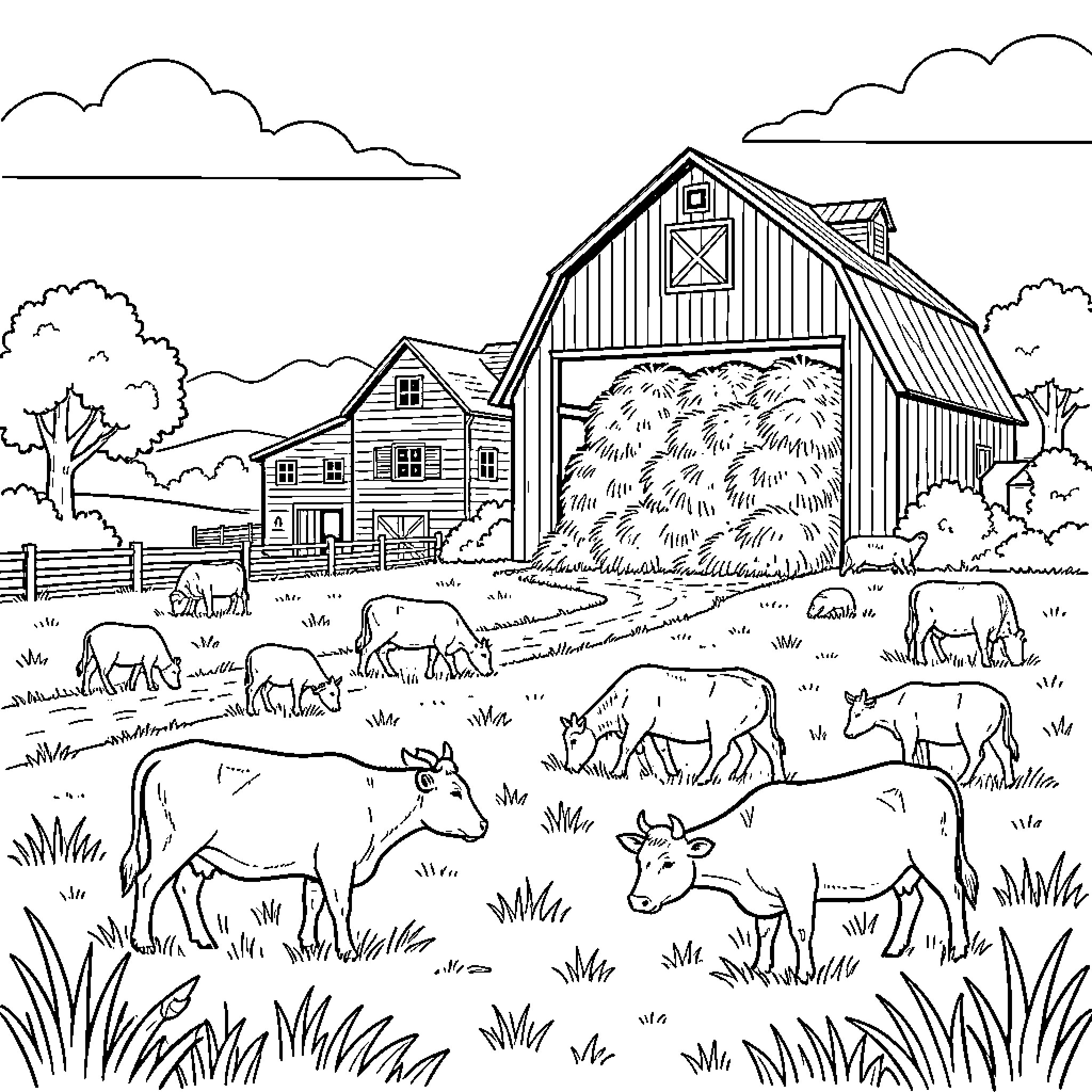 Farm Animal grazing peacefully in a meadow near barns Coloring Page (free black-and-white line drawing printable PDF for all, from beginners to advanced learners, including children, teens, adults, and seniors)