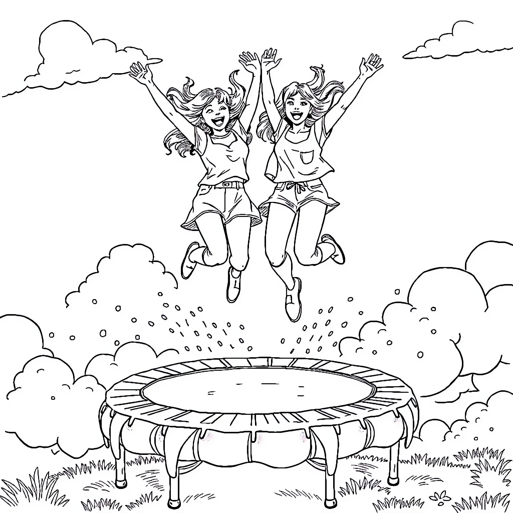 Woman celebrating and jumping on trampoline Coloring Page (free black-and-white line drawing printable PDF for all, from beginners to advanced learners, including children, teens, adults, and seniors)