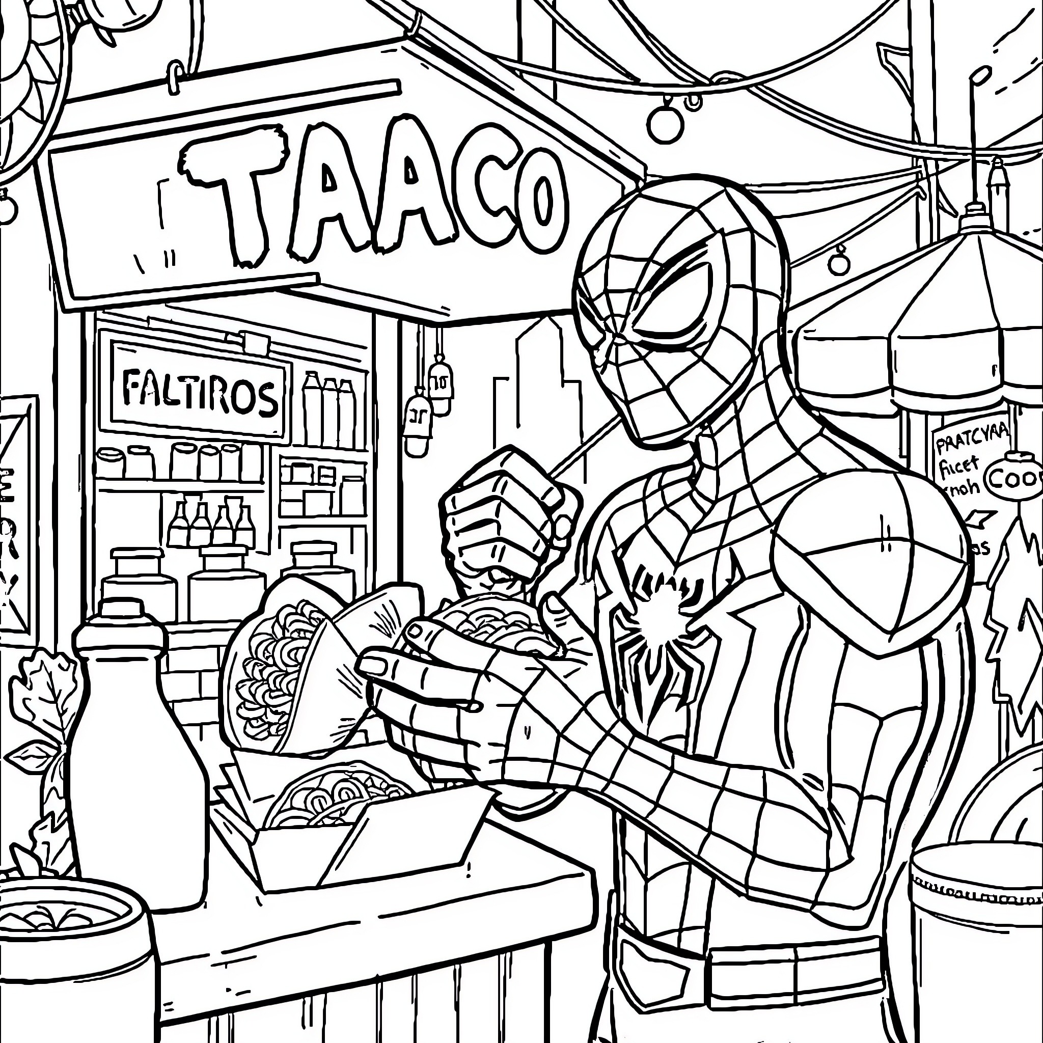 Spider-Man visits a Taco shop Coloring Page (free black-and-white line drawing printable PDF for all, from beginners to advanced learners, including children, teens, adults, and seniors)