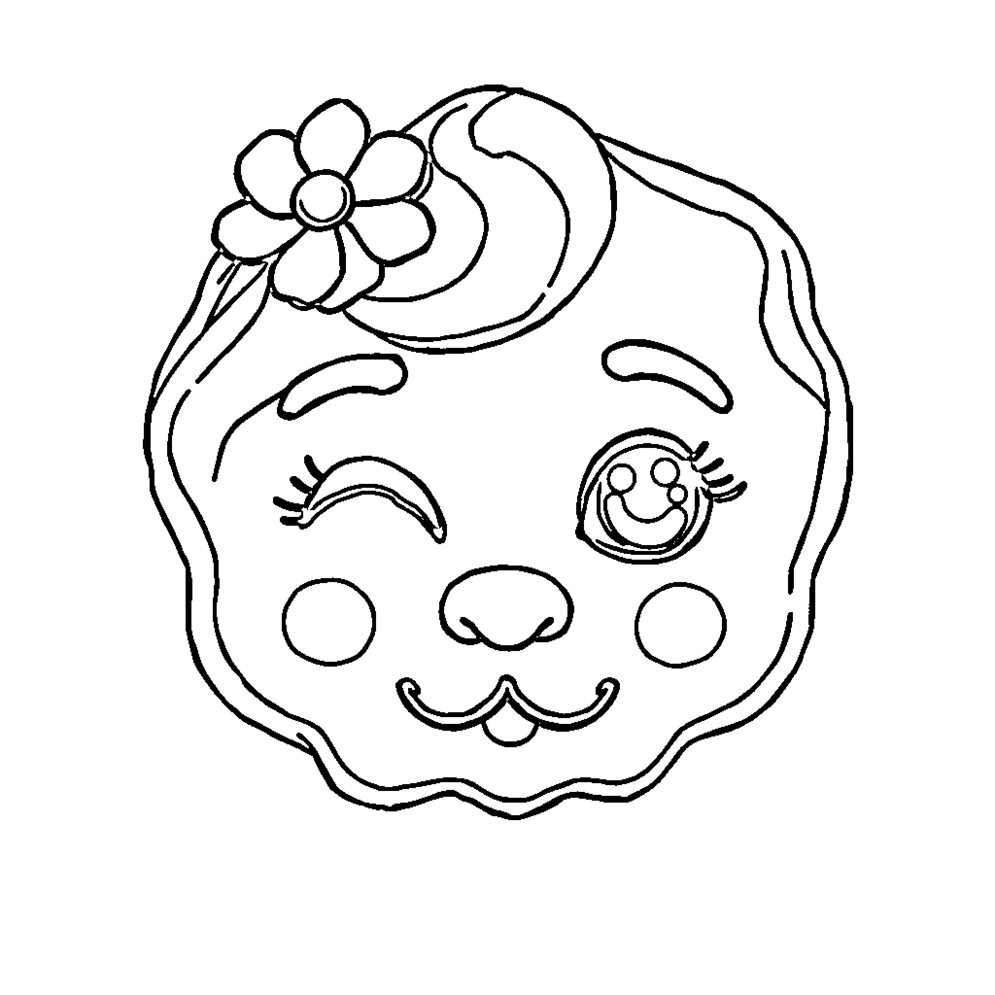 Cookie with floral headband and cheerful expression Coloring Page (free black-and-white line drawing printable PDF for all, from beginners to advanced learners, including children, teens, adults, and seniors)