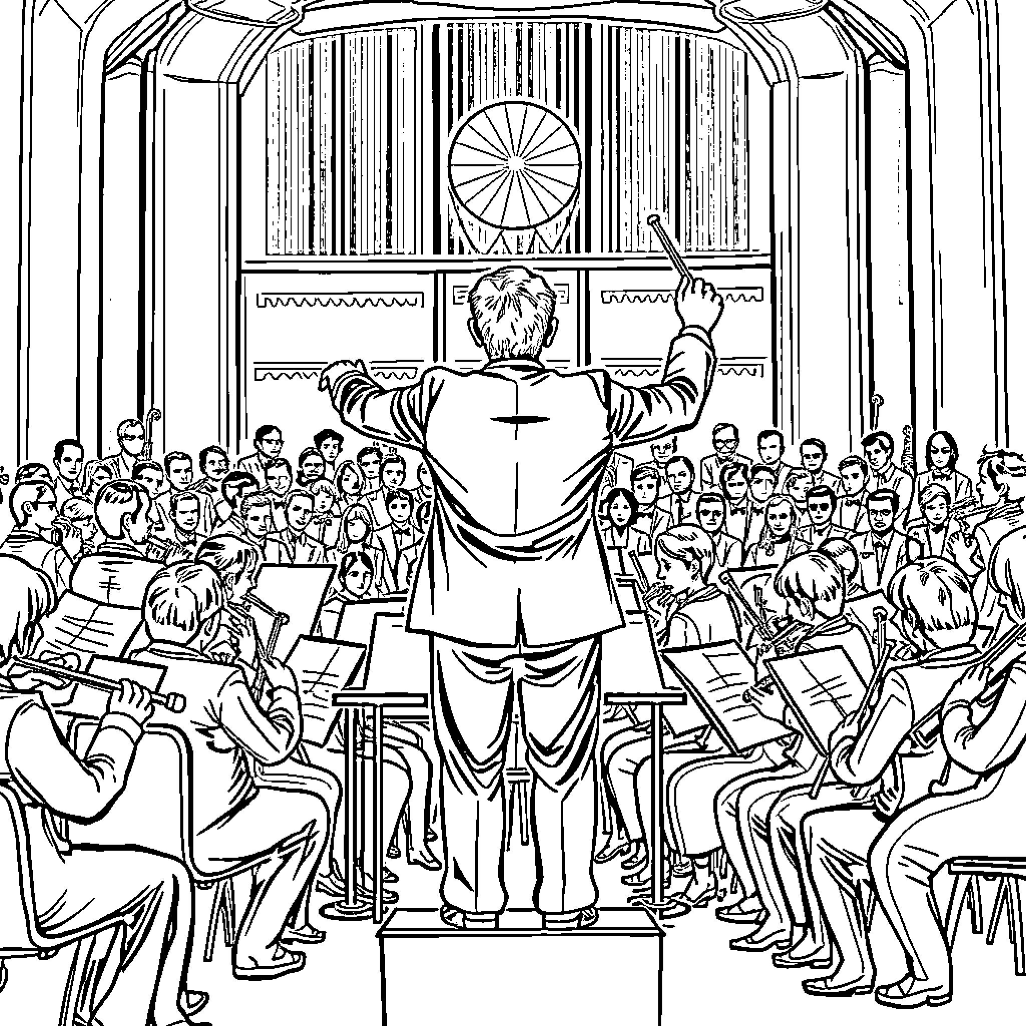 Conductor leading a grand performance on stage Coloring Page (free black-and-white line drawing printable PDF for all, from beginners to advanced learners, including children, teens, adults, and seniors)