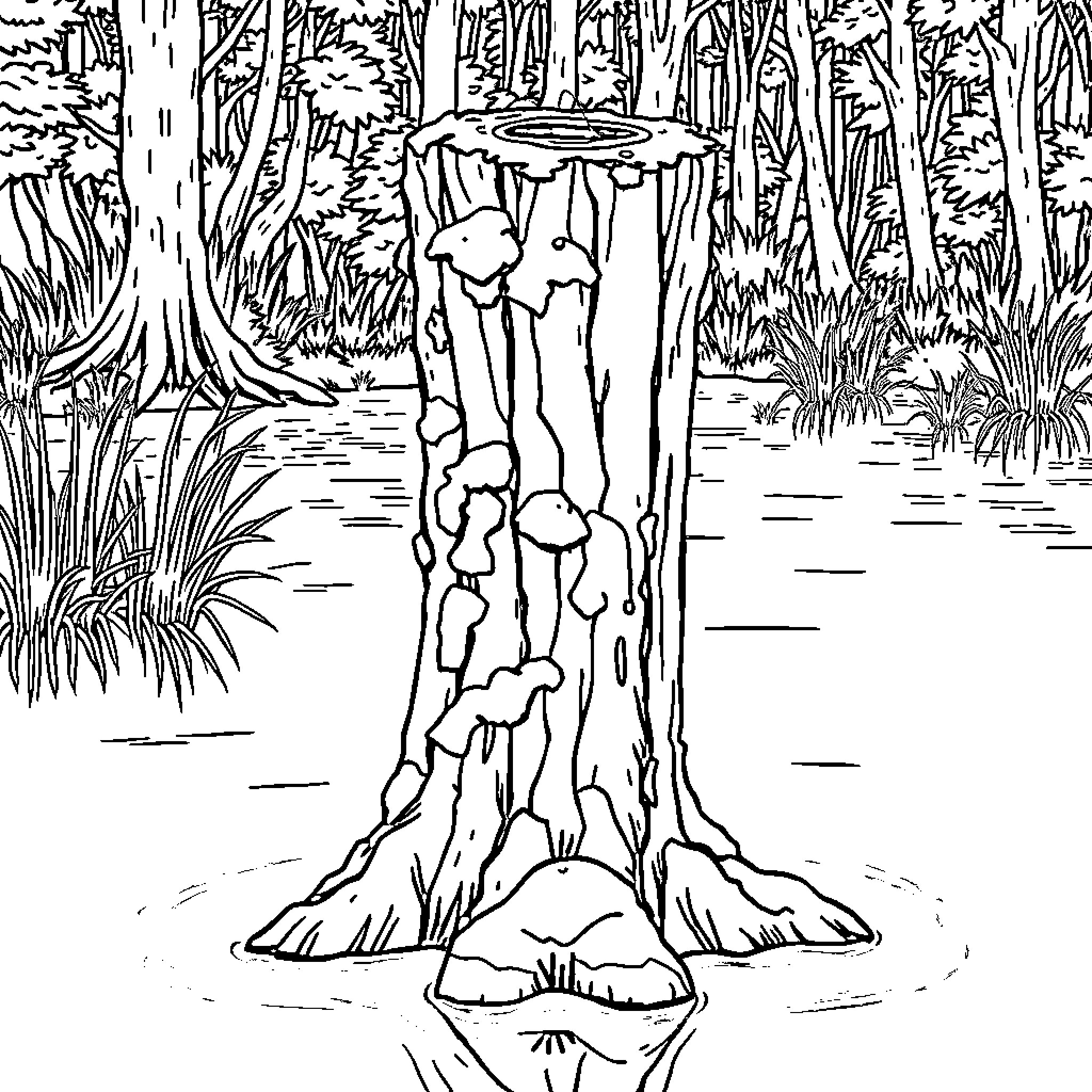 Tree Stump with Reflection in Pond Coloring Page (free black-and-white line drawing printable PDF for all, from beginners to advanced learners, including children, teens, adults, and seniors)