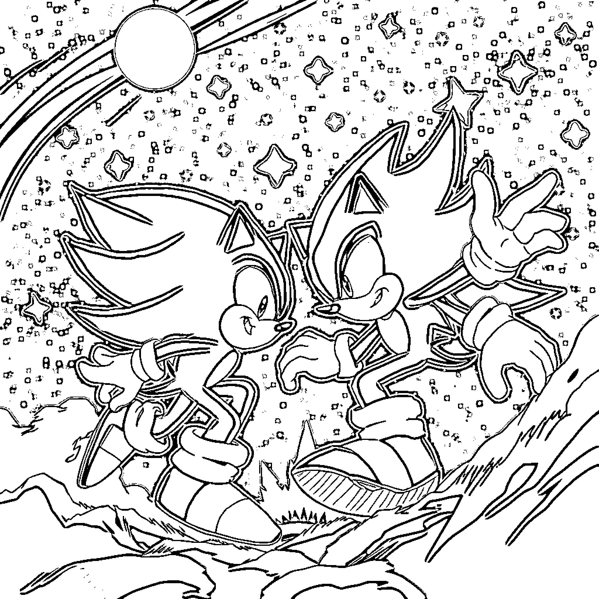 Sonic characters in a starry night scene Coloring Page (free black-and-white line drawing printable PDF for all, from beginners to advanced learners, including children, teens, adults, and seniors)