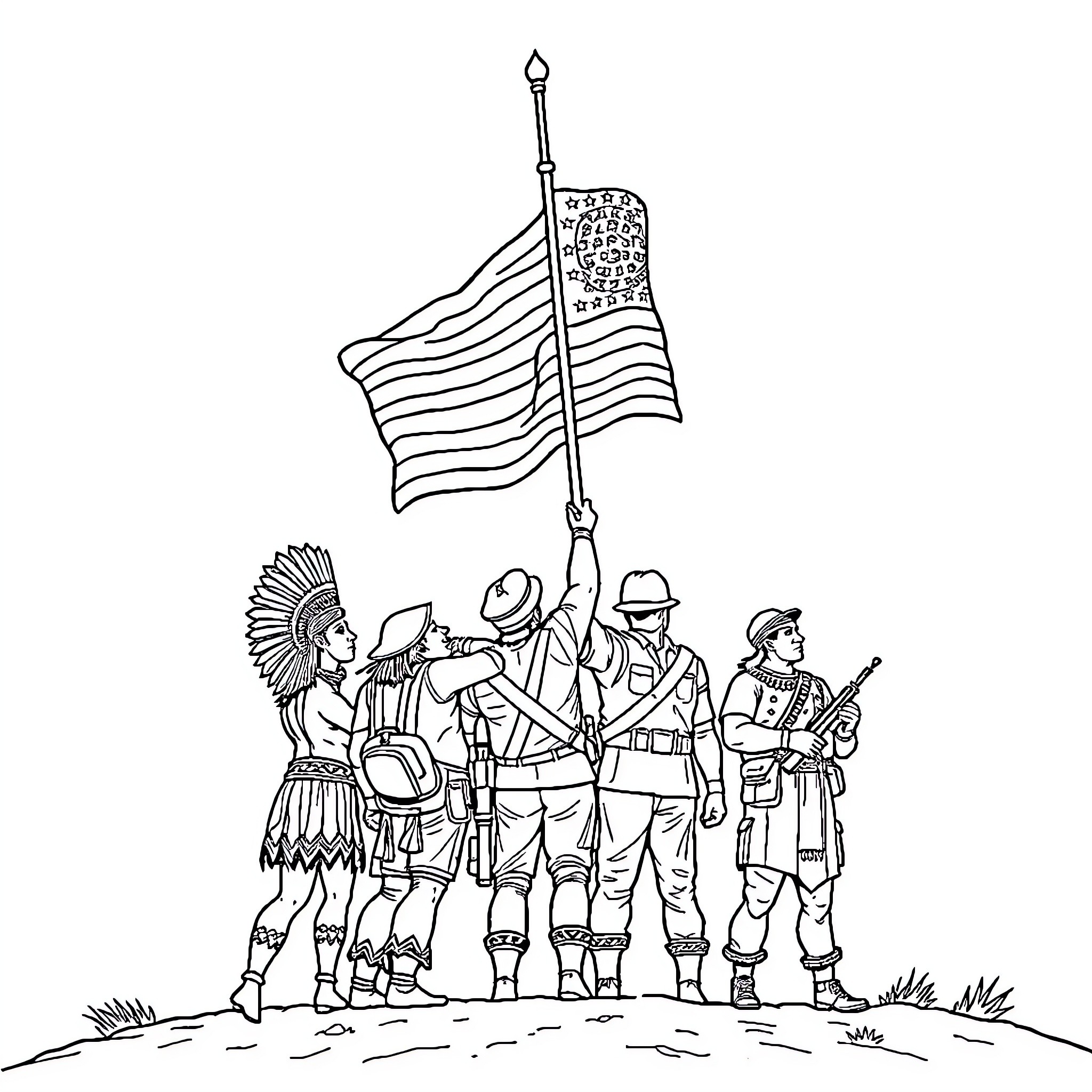 Soldier raising American flag with diverse group Coloring Page (free black-and-white line drawing printable PDF for all, from beginners to advanced learners, including children, teens, adults, and seniors)