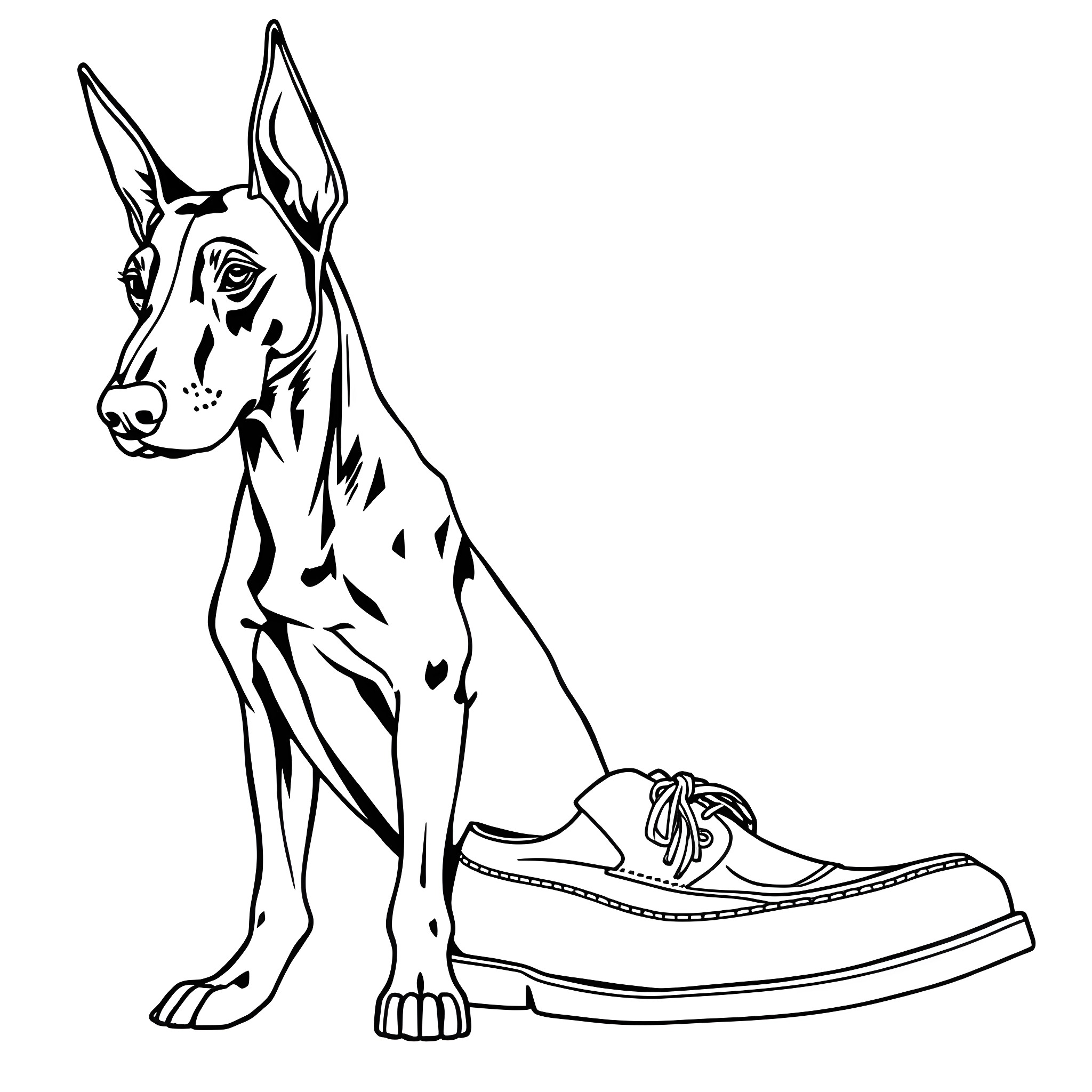 Doberman guarding a shoe Coloring Page (free black-and-white line drawing printable PDF for all, from beginners to advanced learners, including children, teens, adults, and seniors)