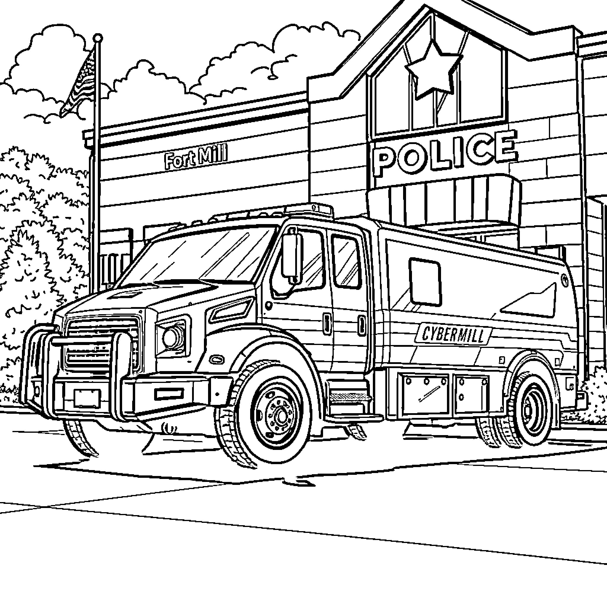 Cybertruck police vehicle parked outside station Coloring Page (free black-and-white line drawing printable PDF for all, from beginners to advanced learners, including children, teens, adults, and seniors)