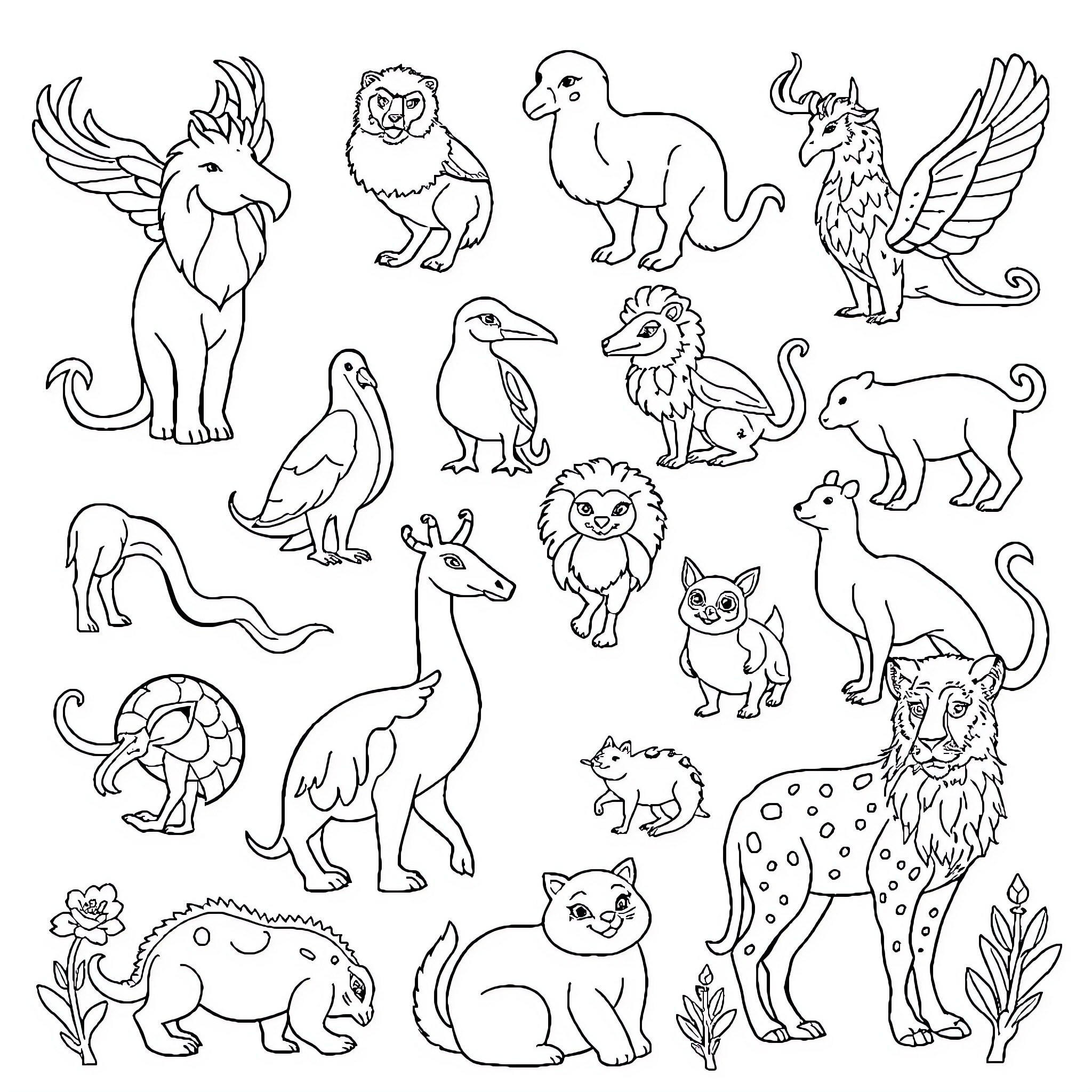 Animal friends in a stylized collection Coloring Page (free black-and-white line drawing printable PDF for all, from beginners to advanced learners, including children, teens, adults, and seniors)