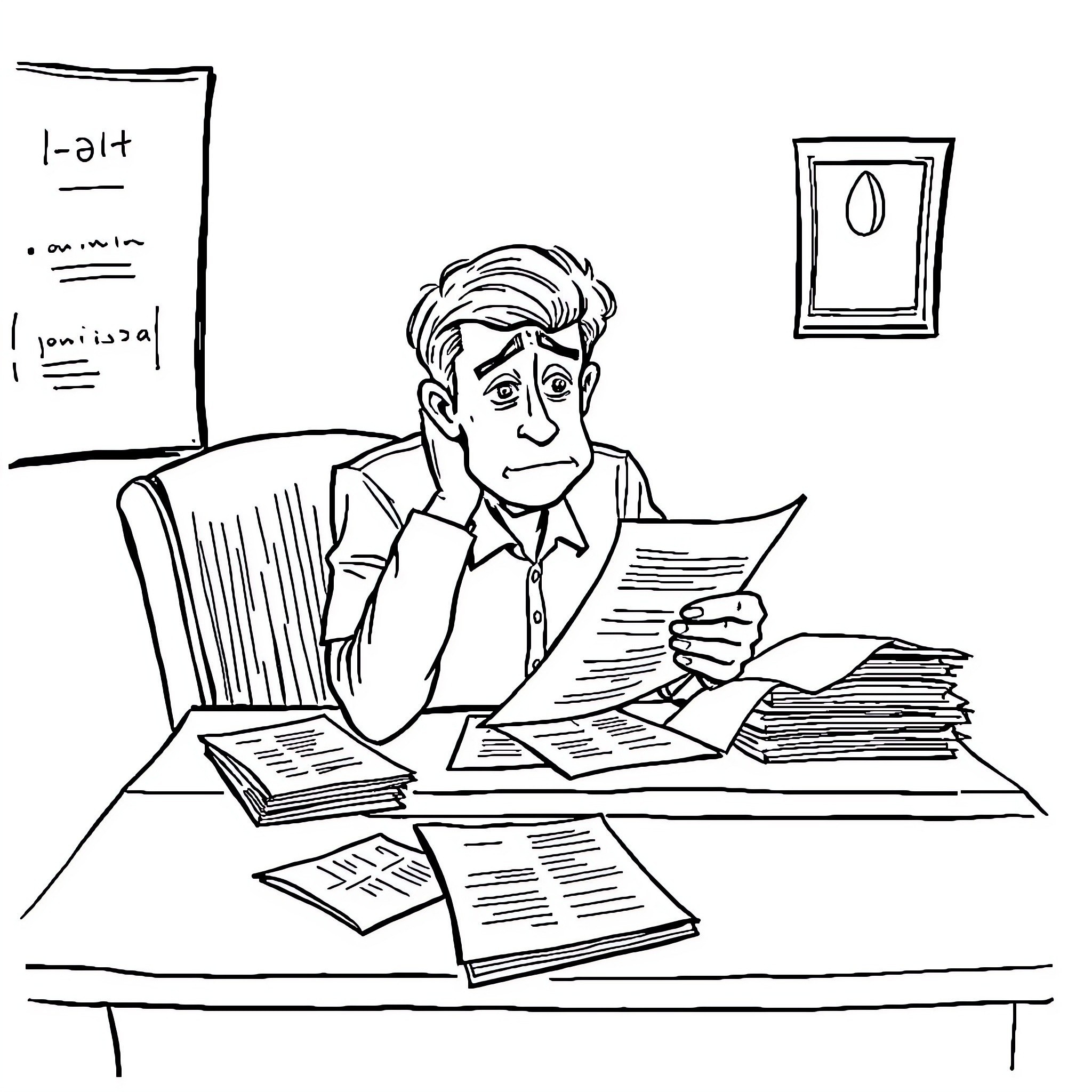 Bankruptcy Businessman Distressed by Financial Troubles Coloring Page (free black-and-white line drawing printable PDF for all, from beginners to advanced learners, including children, teens, adults, and seniors)