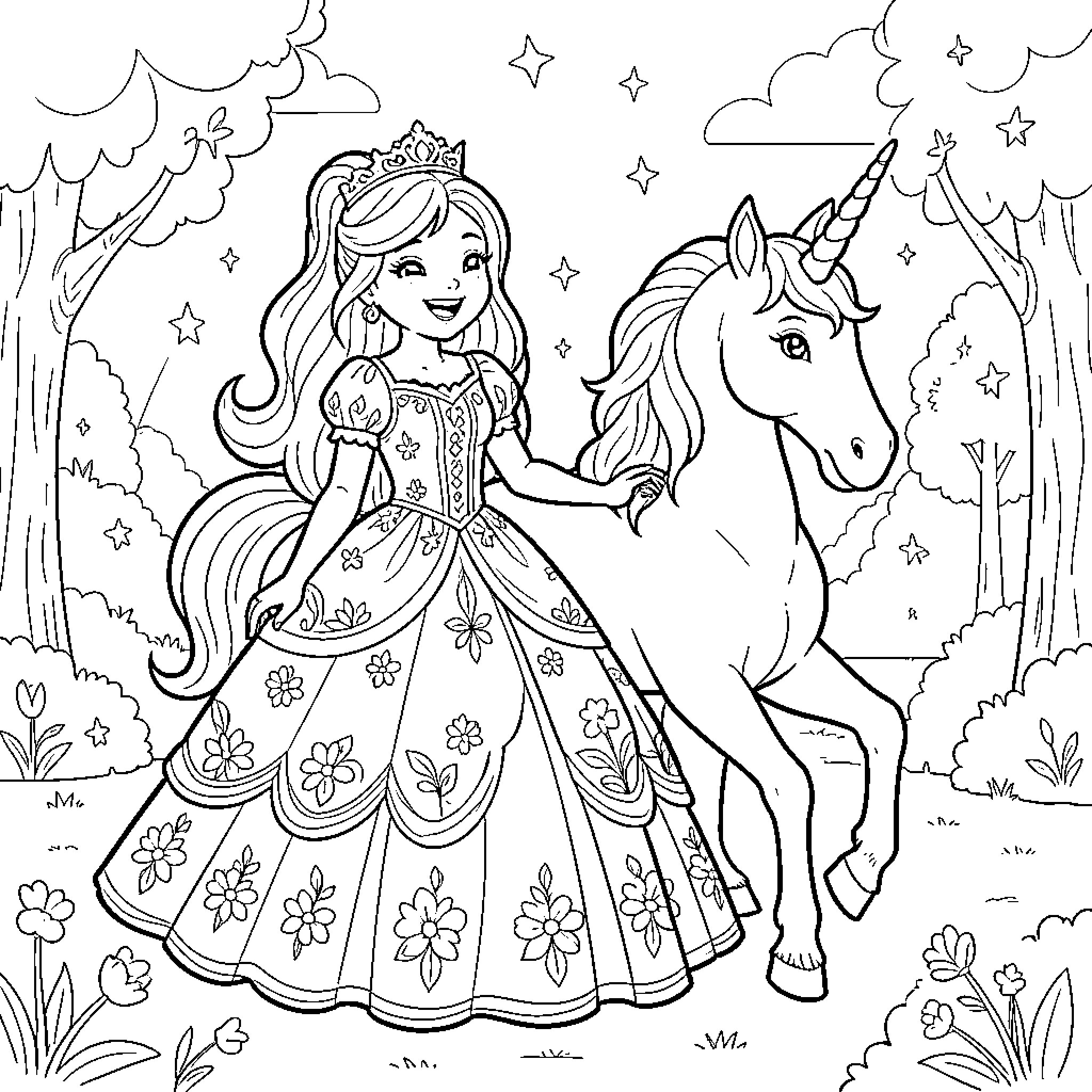 Princess standing gracefully beside a magical unicorn Coloring Page (free black-and-white line drawing printable PDF for all, from beginners to advanced learners, including children, teens, adults, and seniors)