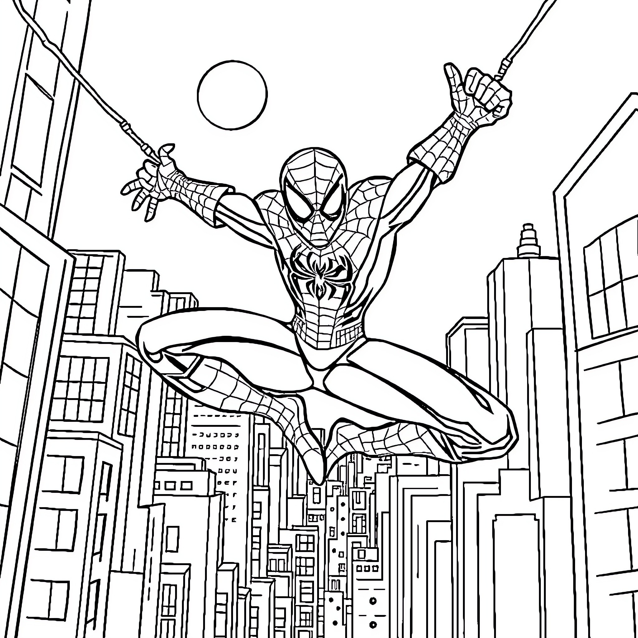 Spiderman swinging through the city skyline Coloring Page (free black-and-white line drawing printable PDF for all, from beginners to advanced learners, including children, teens, adults, and seniors)