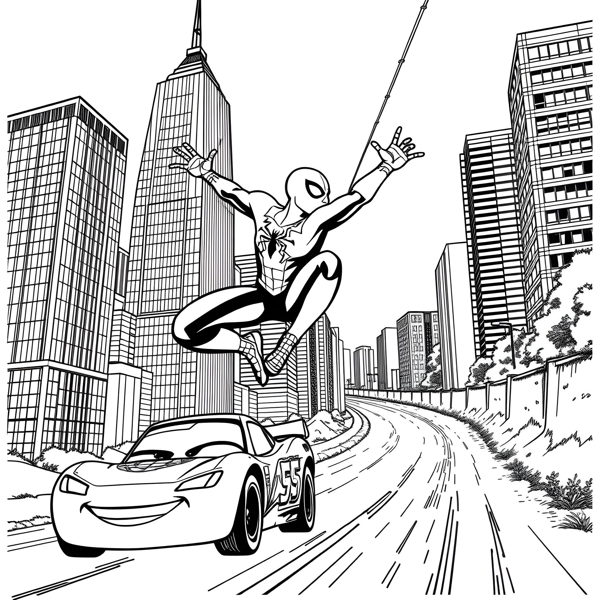 Spider-Man swinging through the city skyline Coloring Page (free black-and-white line drawing printable PDF for all, from beginners to advanced learners, including children, teens, adults, and seniors)