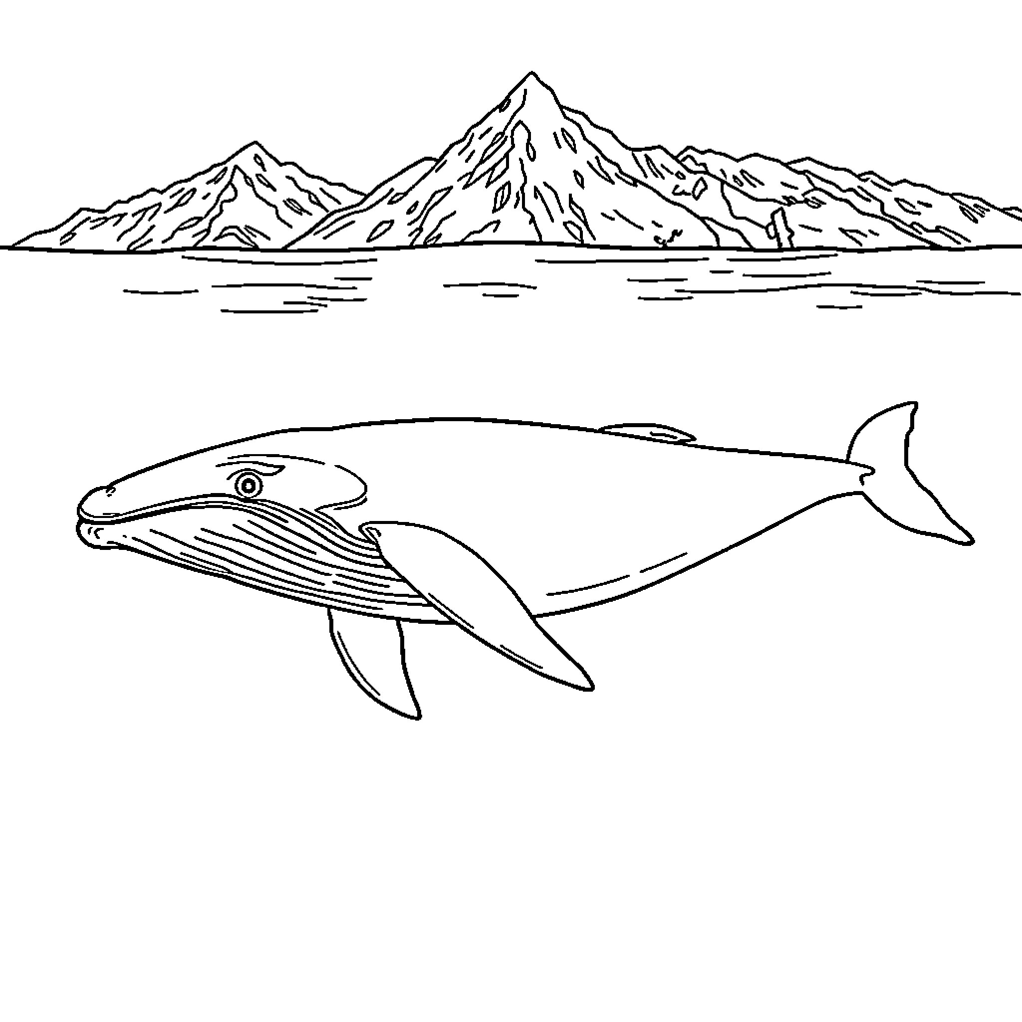 Humpback Whale swimming near snow-capped mountains Coloring Page (free black-and-white line drawing printable PDF for all, from beginners to advanced learners, including children, teens, adults, and seniors)
