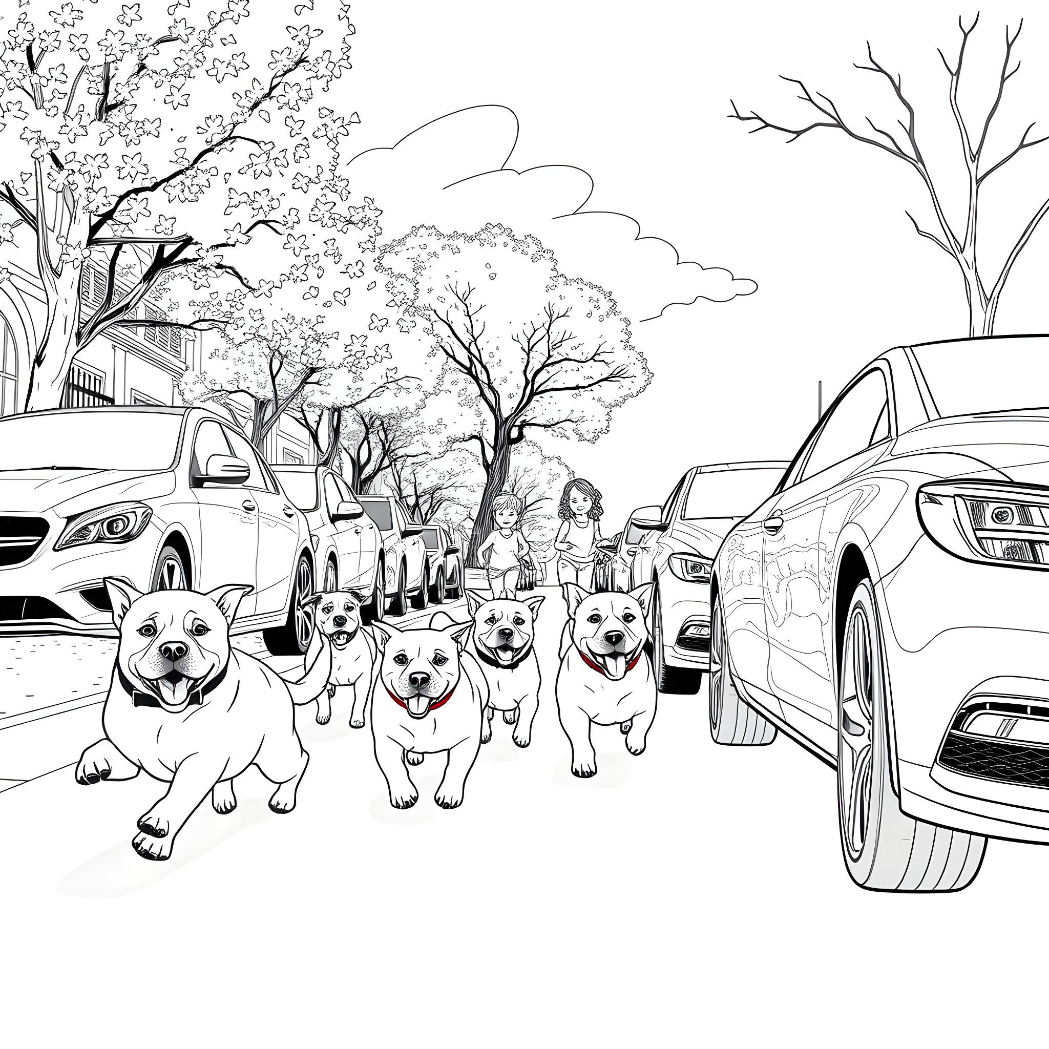 Dog Pack Enjoying a Springtime Stroll Coloring Page (free black-and-white line drawing printable PDF for all, from beginners to advanced learners, including children, teens, adults, and seniors)