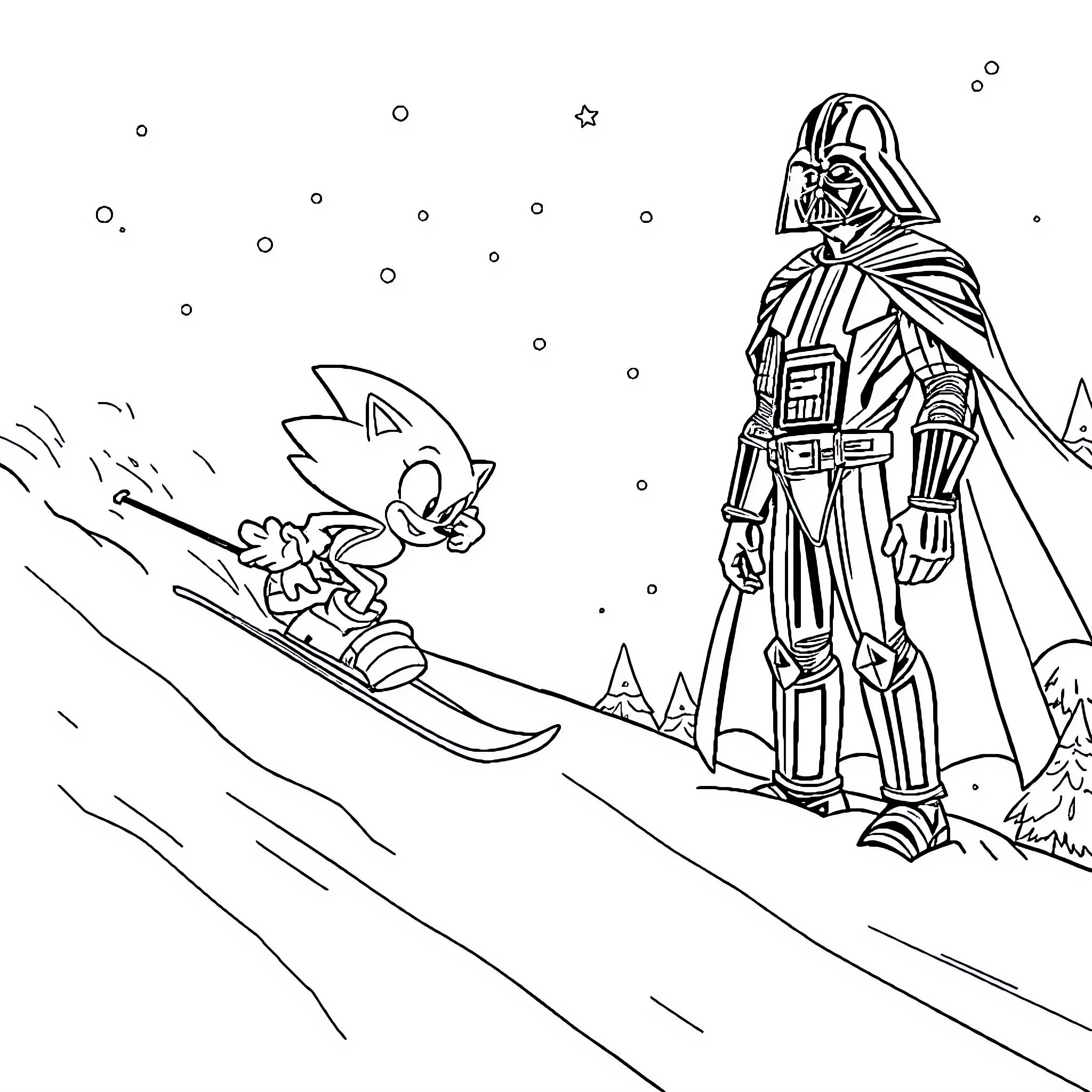 Sonic enjoying a snowy adventure with Darth Vader Coloring Page (free black-and-white line drawing printable PDF for all, from beginners to advanced learners, including children, teens, adults, and seniors)