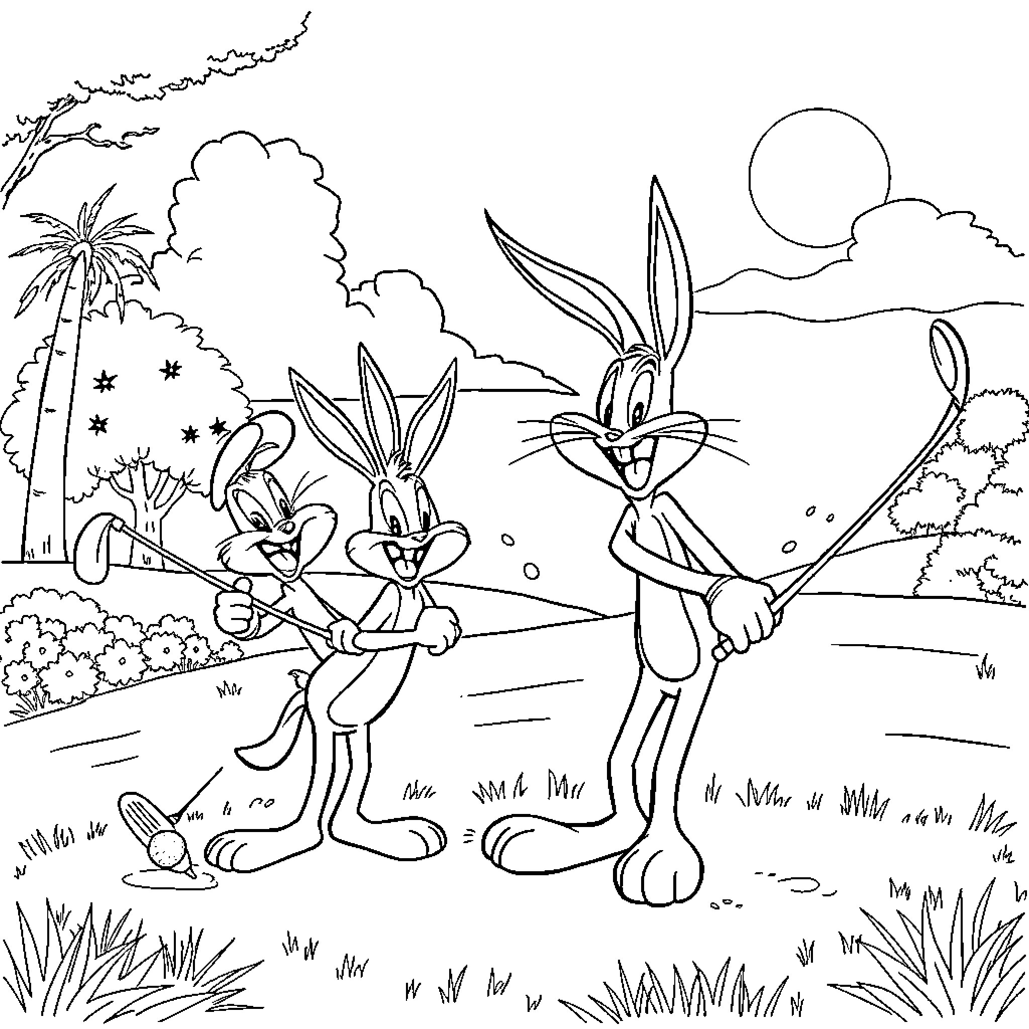 Looney Tunes Characters in Animated Outdoor Scene Coloring Page (free black-and-white line drawing printable PDF for all, from beginners to advanced learners, including children, teens, adults, and seniors)