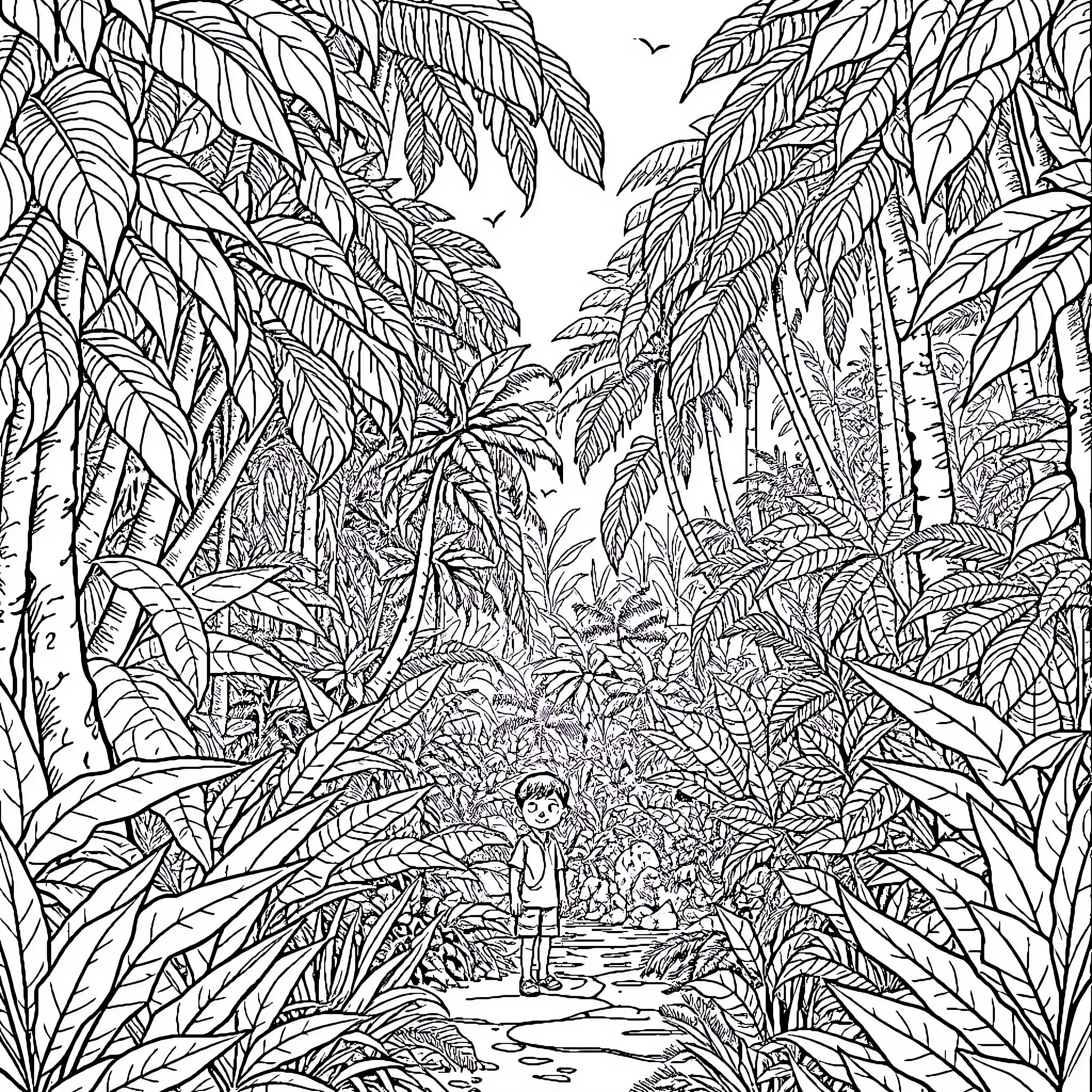 Jungle Book: Adventurous boy explores lush tropical forest Coloring Page (free black-and-white line drawing printable PDF for all, from beginners to advanced learners, including children, teens, adults, and seniors)