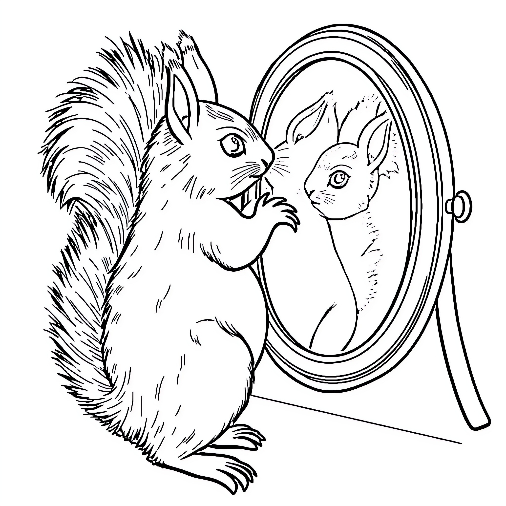 Squirrel examining itself in the mirror Coloring Page (free black-and-white line drawing printable PDF for all, from beginners to advanced learners, including children, teens, adults, and seniors)