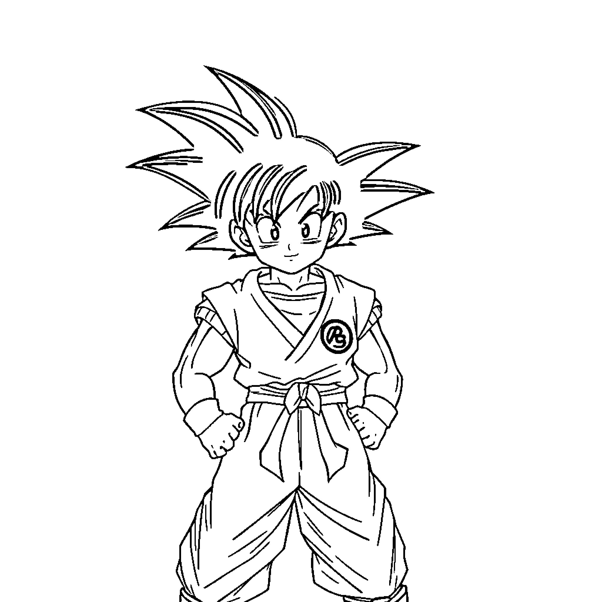Son Goku in fighting stance with determined expression Coloring Page (free black-and-white line drawing printable PDF for all, from beginners to advanced learners, including children, teens, adults, and seniors)