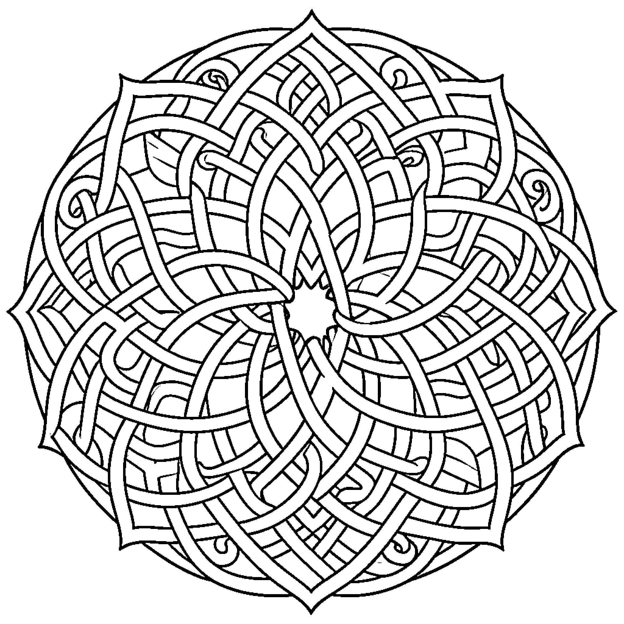 Celtic Knot featuring an intricate symmetrical circular pattern Coloring Page (free black-and-white line drawing printable PDF for all, from beginners to advanced learners, including children, teens, adults, and seniors)