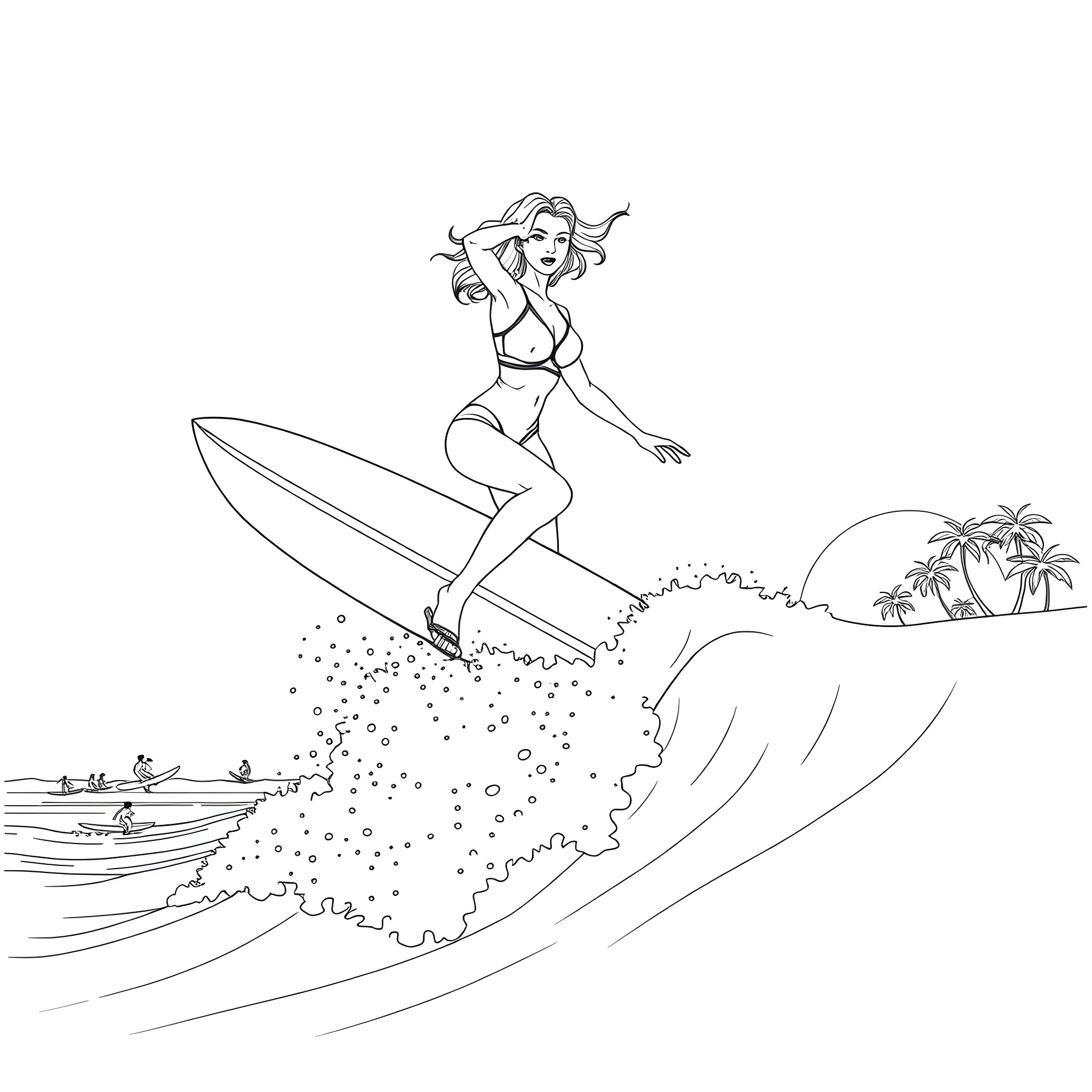 Female surfer riding the waves at the beach Coloring Page (free black-and-white line drawing printable PDF for all, from beginners to advanced learners, including children, teens, adults, and seniors)