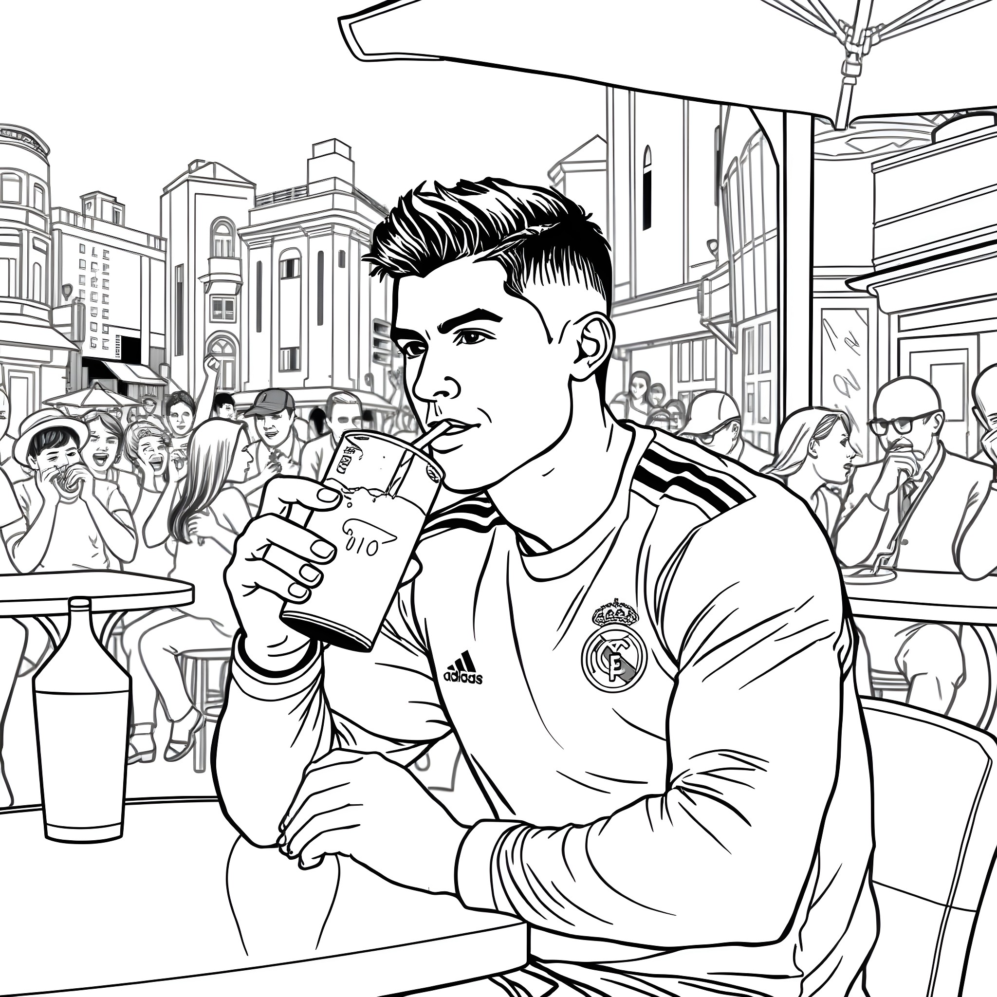 Cristiano Ronaldo Enjoying a Beverage in an Urban Setting Coloring Page (free black-and-white line drawing printable PDF for all, from beginners to advanced learners, including children, teens, adults, and seniors)