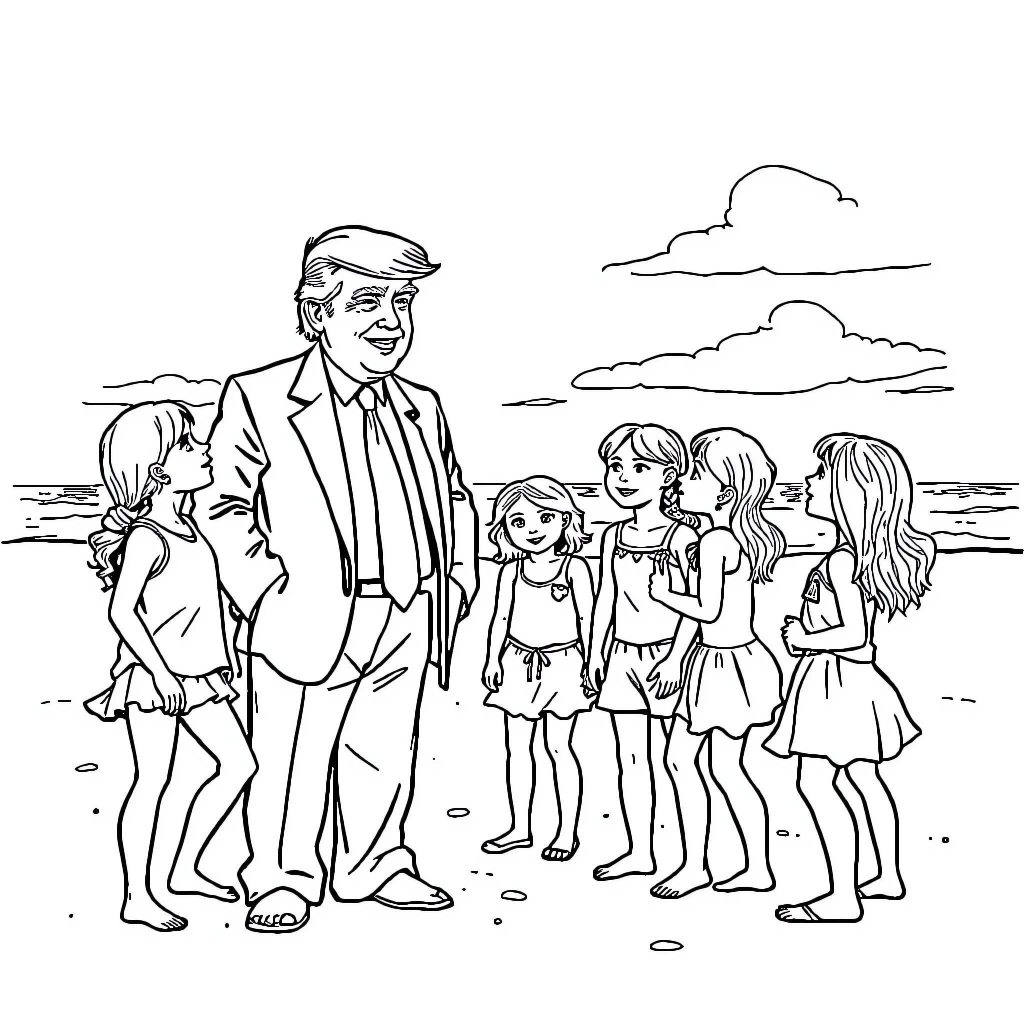 Donald Trump enjoying a beach day with his family Coloring Page (free black-and-white line drawing printable PDF for all, from beginners to advanced learners, including children, teens, adults, and seniors)