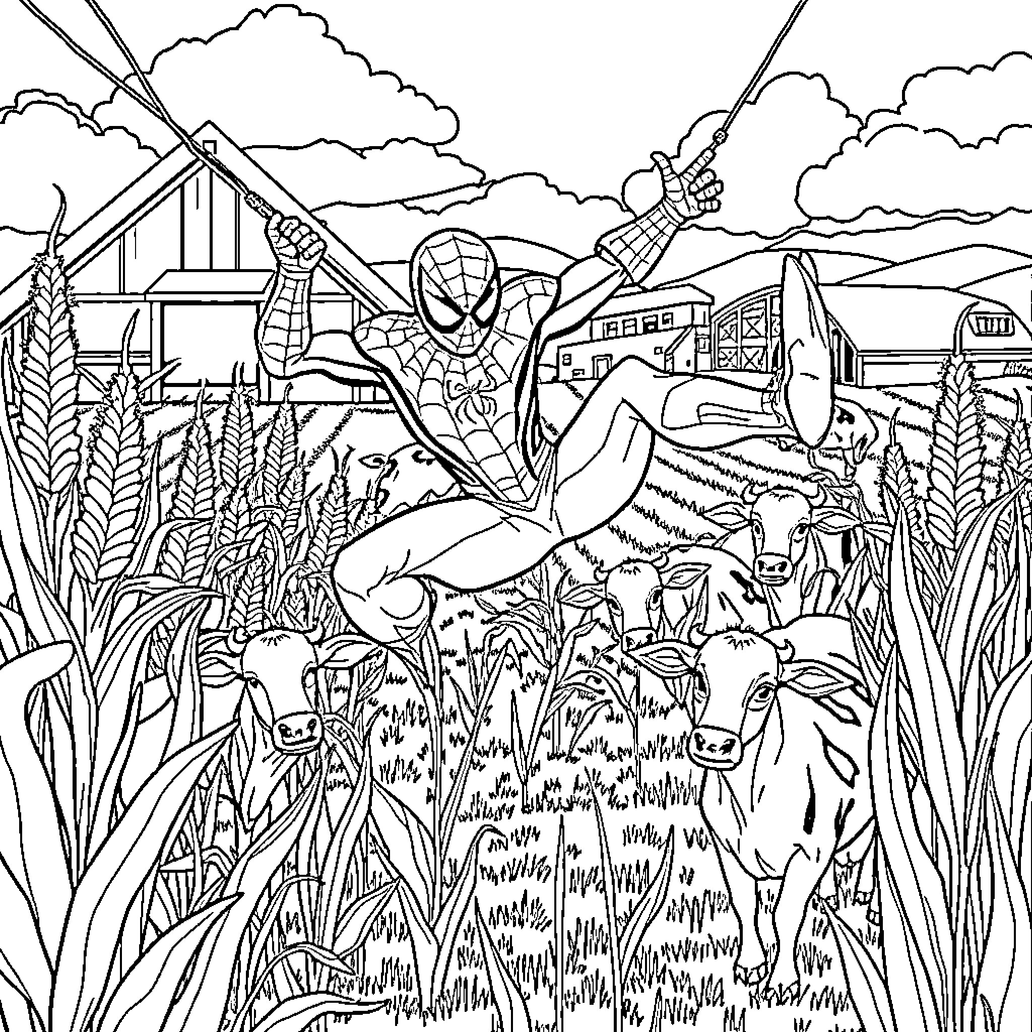 Spiderman adventures in a rural landscape Coloring Page (free black-and-white line drawing printable PDF for all, from beginners to advanced learners, including children, teens, adults, and seniors)