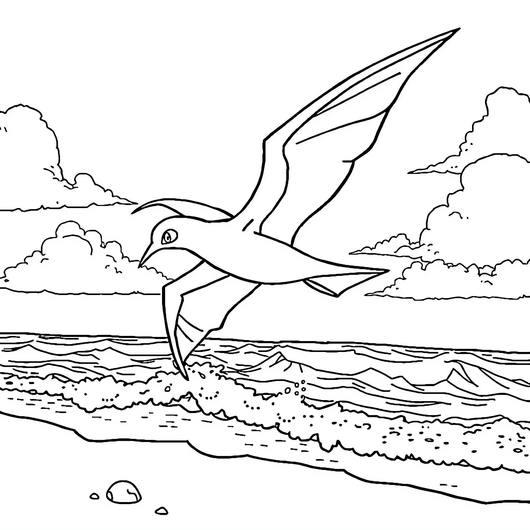 Lugia soaring over the ocean waves Coloring Page (free black-and-white line drawing printable PDF for all, from beginners to advanced learners, including children, teens, adults, and seniors)