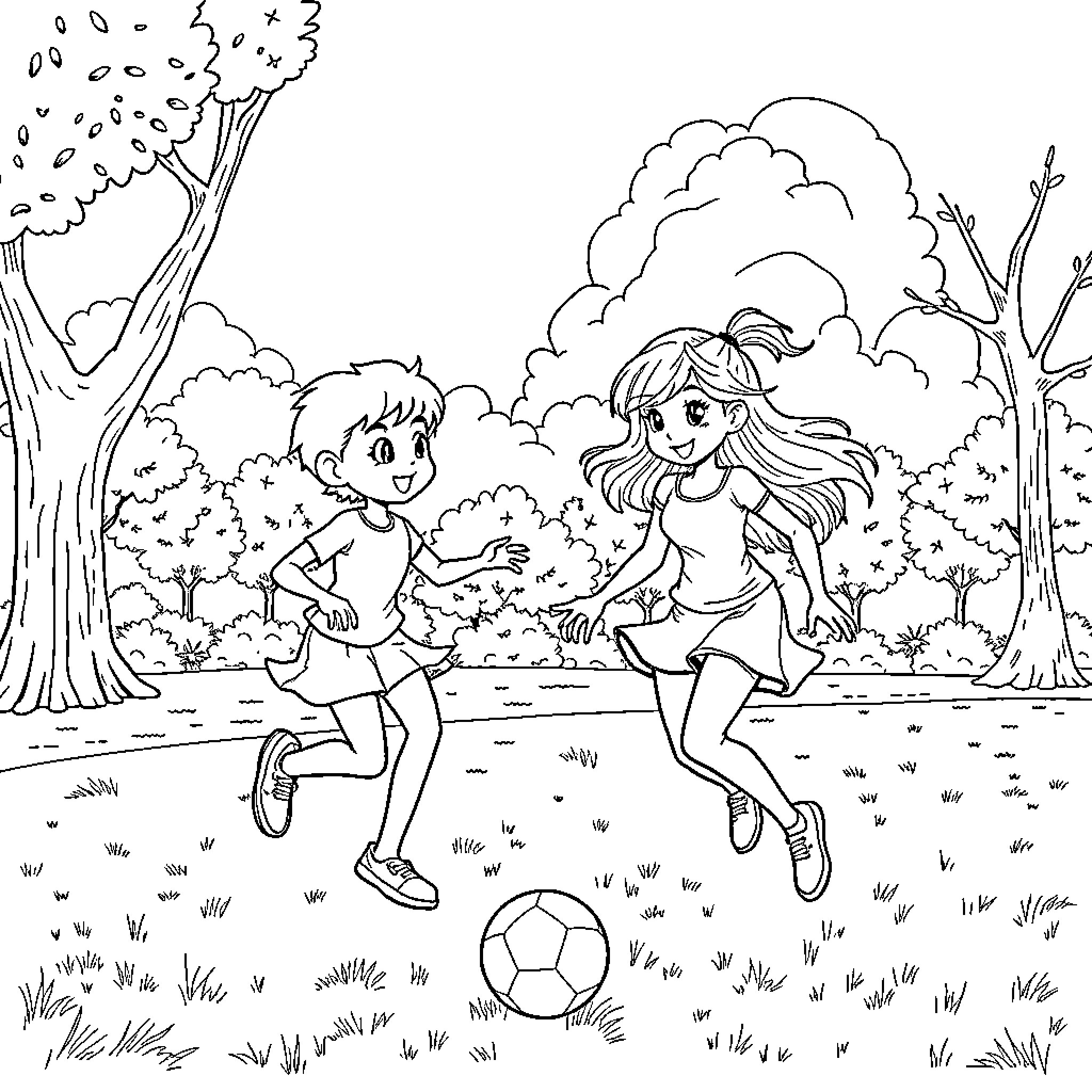 Blue Children Playing Soccer in the Park Coloring Page (free black-and-white line drawing printable PDF for all, from beginners to advanced learners, including children, teens, adults, and seniors)