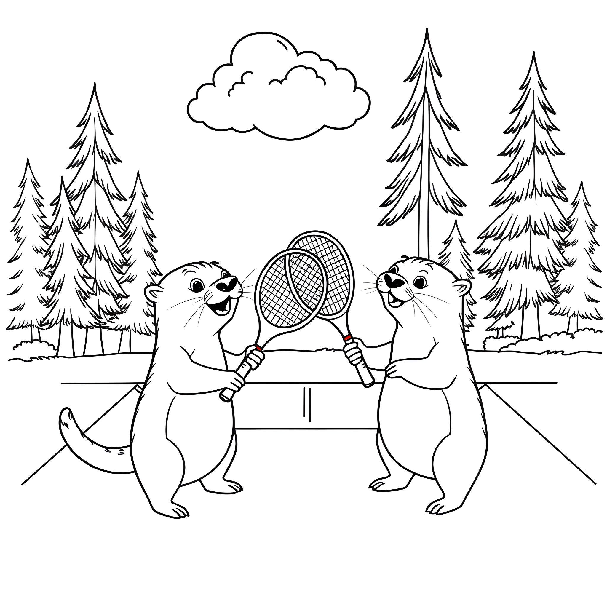 Otters playing tennis in the forest Coloring Page (free black-and-white line drawing printable PDF for all, from beginners to advanced learners, including children, teens, adults, and seniors)