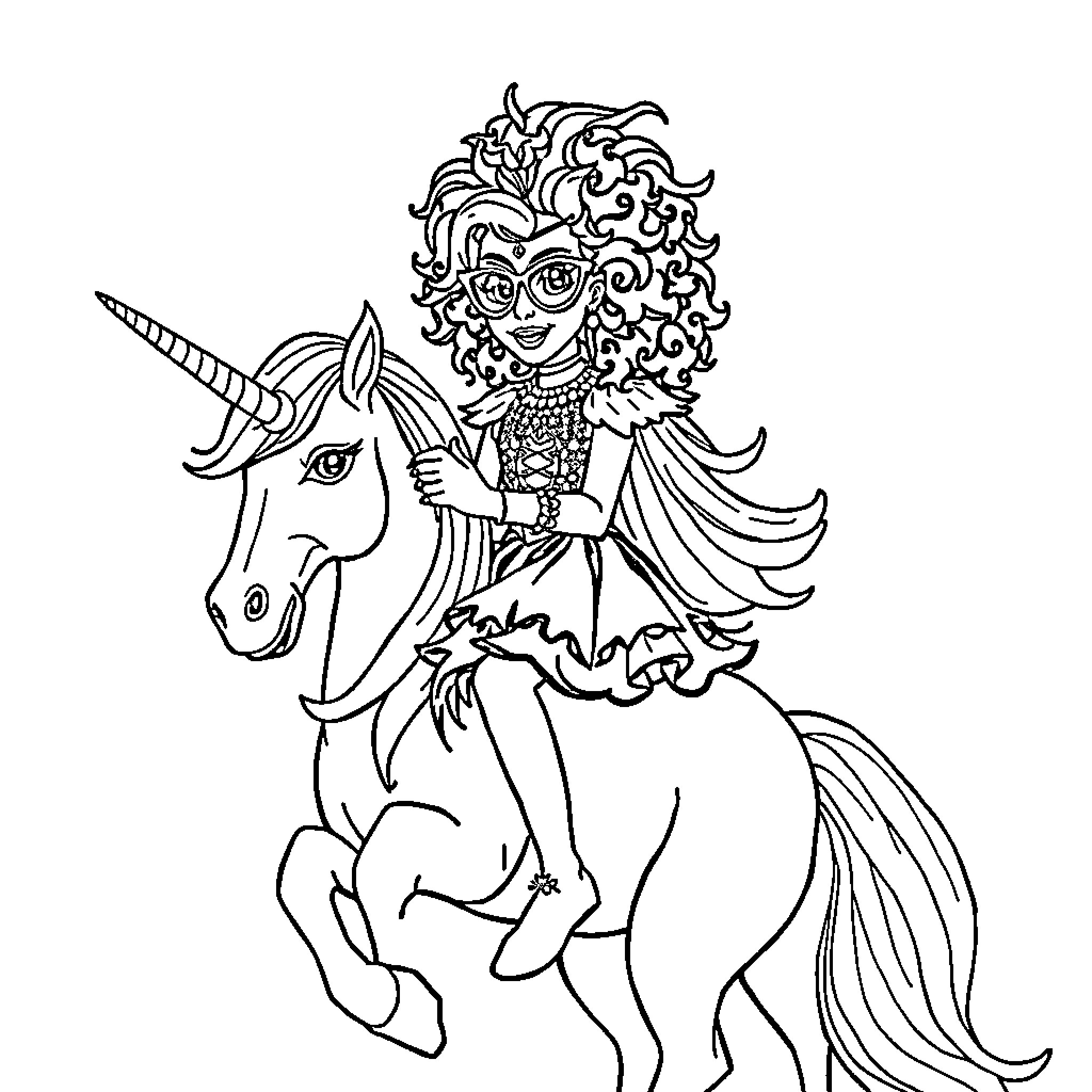 RuPaul riding a majestic unicorn in fantastical attire Coloring Page (free black-and-white line drawing printable PDF for all, from beginners to advanced learners, including children, teens, adults, and seniors)