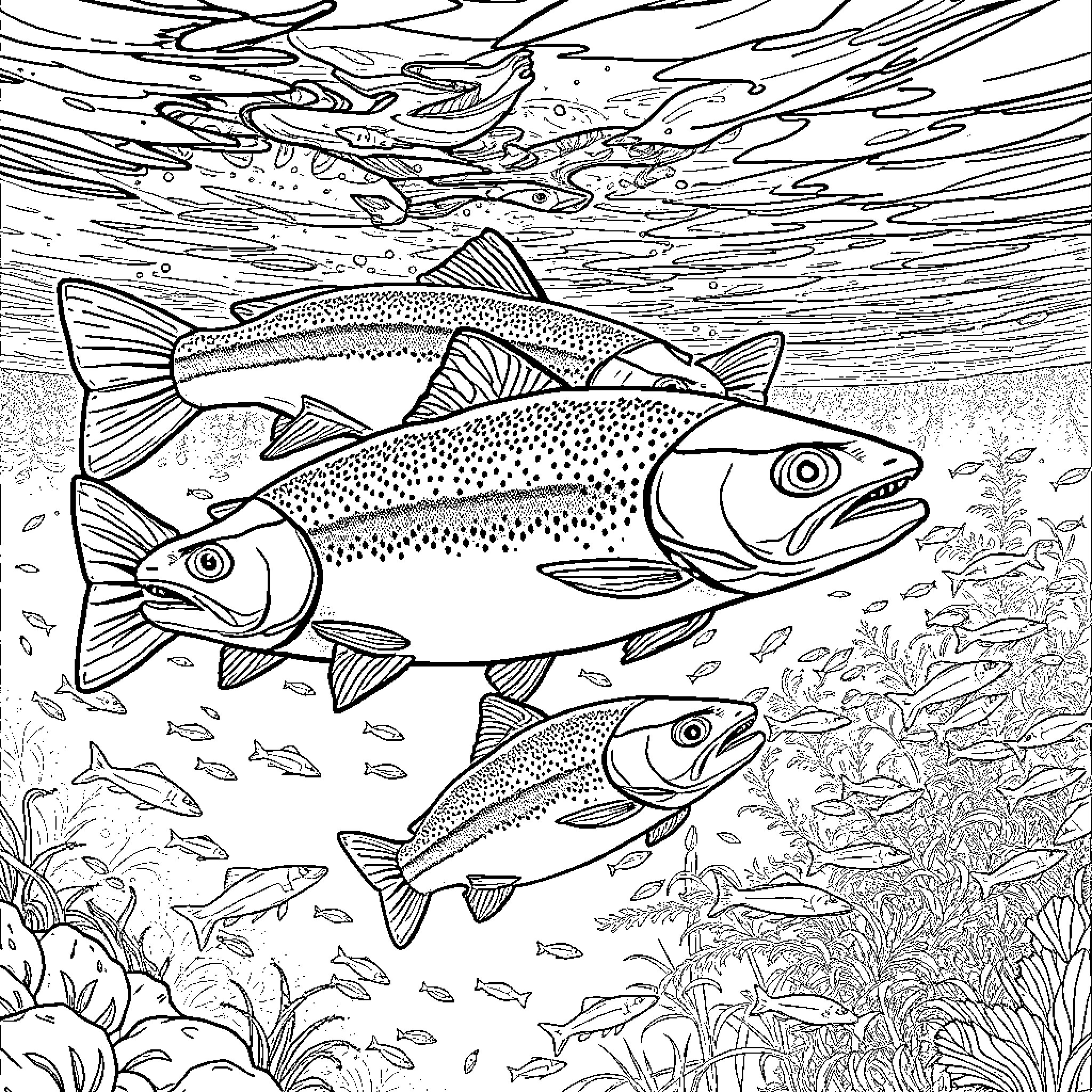 Trout swimming peacefully in an underwater scene Coloring Page (free black-and-white line drawing printable PDF for all, from beginners to advanced learners, including children, teens, adults, and seniors)