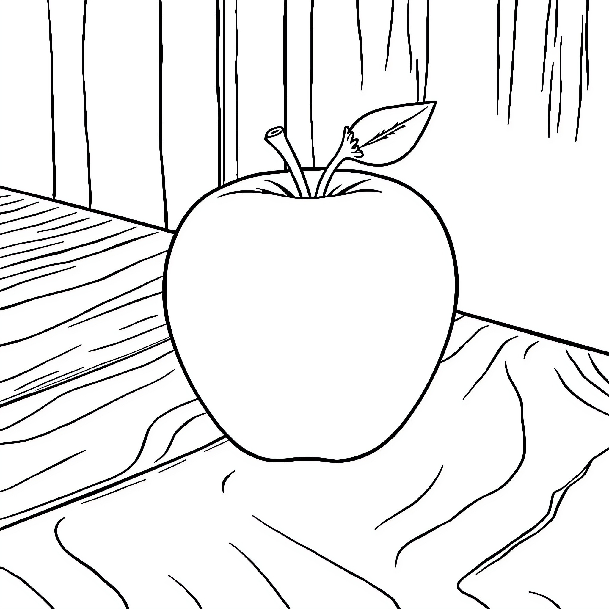 Apple on a Wooden Surface Coloring Page (free black-and-white line drawing printable PDF for all, from beginners to advanced learners, including children, teens, adults, and seniors)
