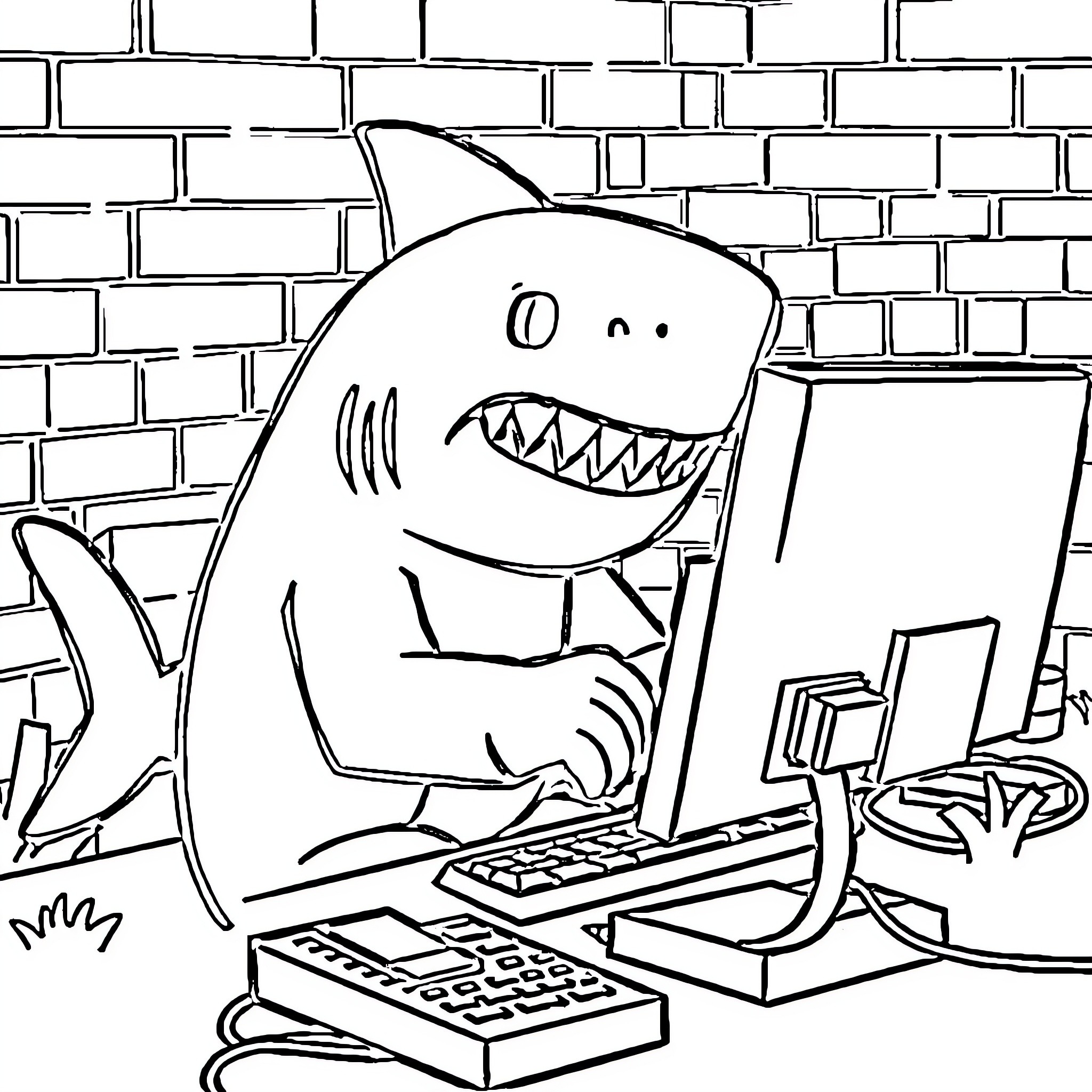 Shark working diligently on computer in office Coloring Page (free black-and-white line drawing printable PDF for all, from beginners to advanced learners, including children, teens, adults, and seniors)