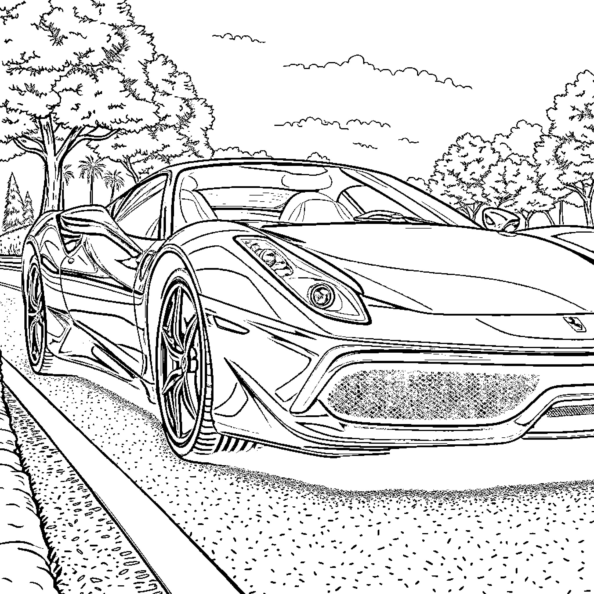 Ferrari supercar speeding through scenic countryside Coloring Page (free black-and-white line drawing printable PDF for all, from beginners to advanced learners, including children, teens, adults, and seniors)