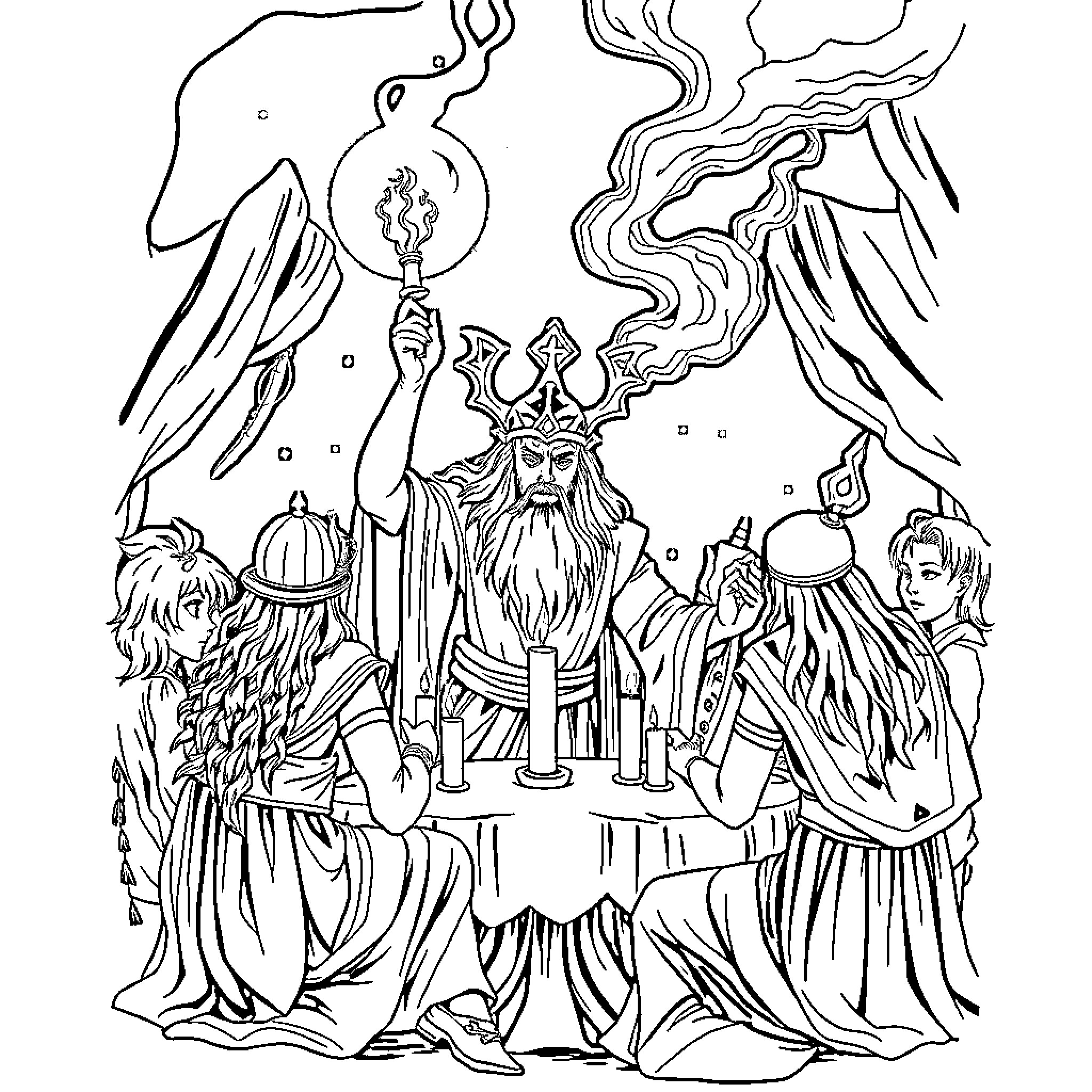 God Enthroned Amidst Celestial Beings Coloring Page (free black-and-white line drawing printable PDF for all, from beginners to advanced learners, including children, teens, adults, and seniors)