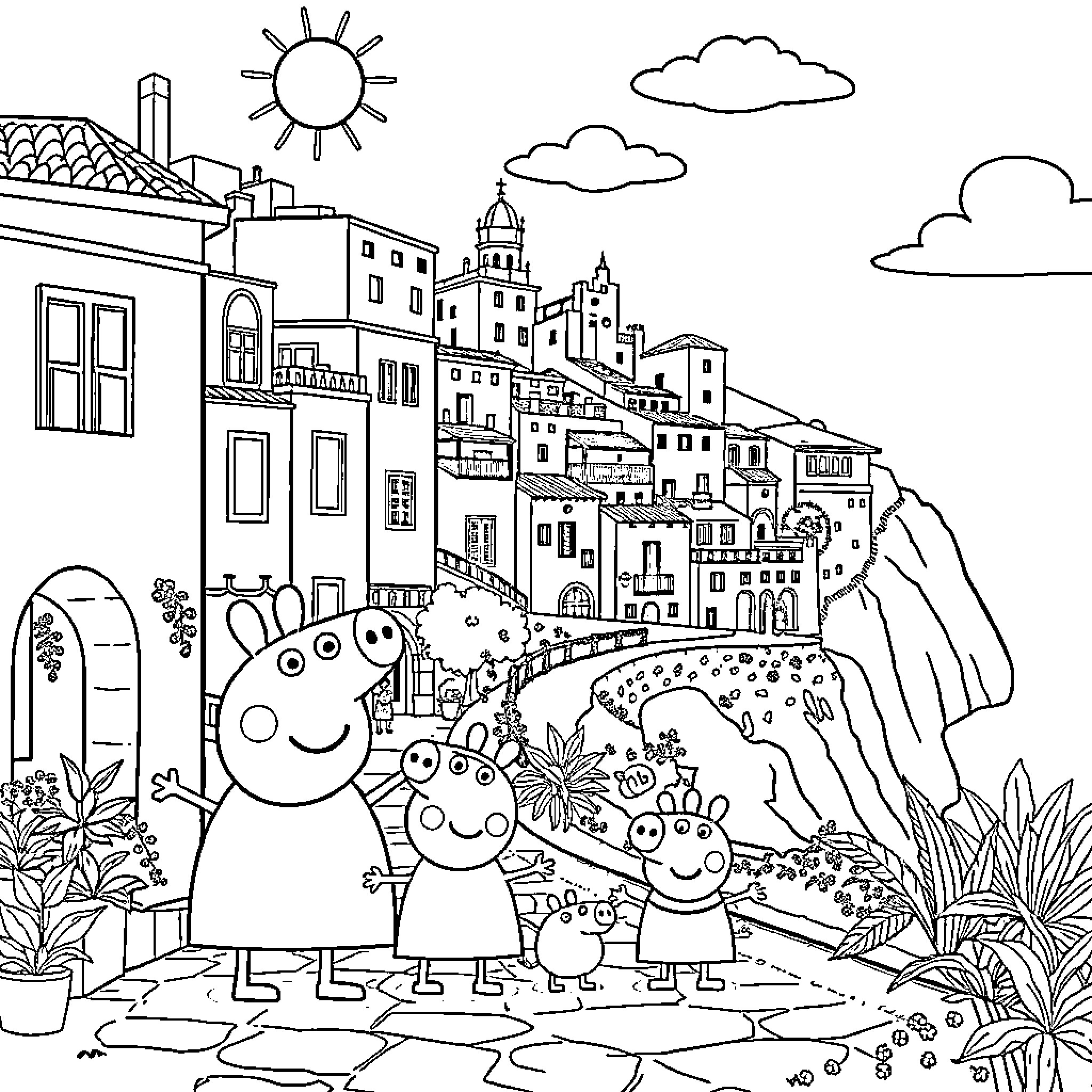 Peppa Pig and Family Exploring a Vibrant Town Coloring Page (free black-and-white line drawing printable PDF for all, from beginners to advanced learners, including children, teens, adults, and seniors)