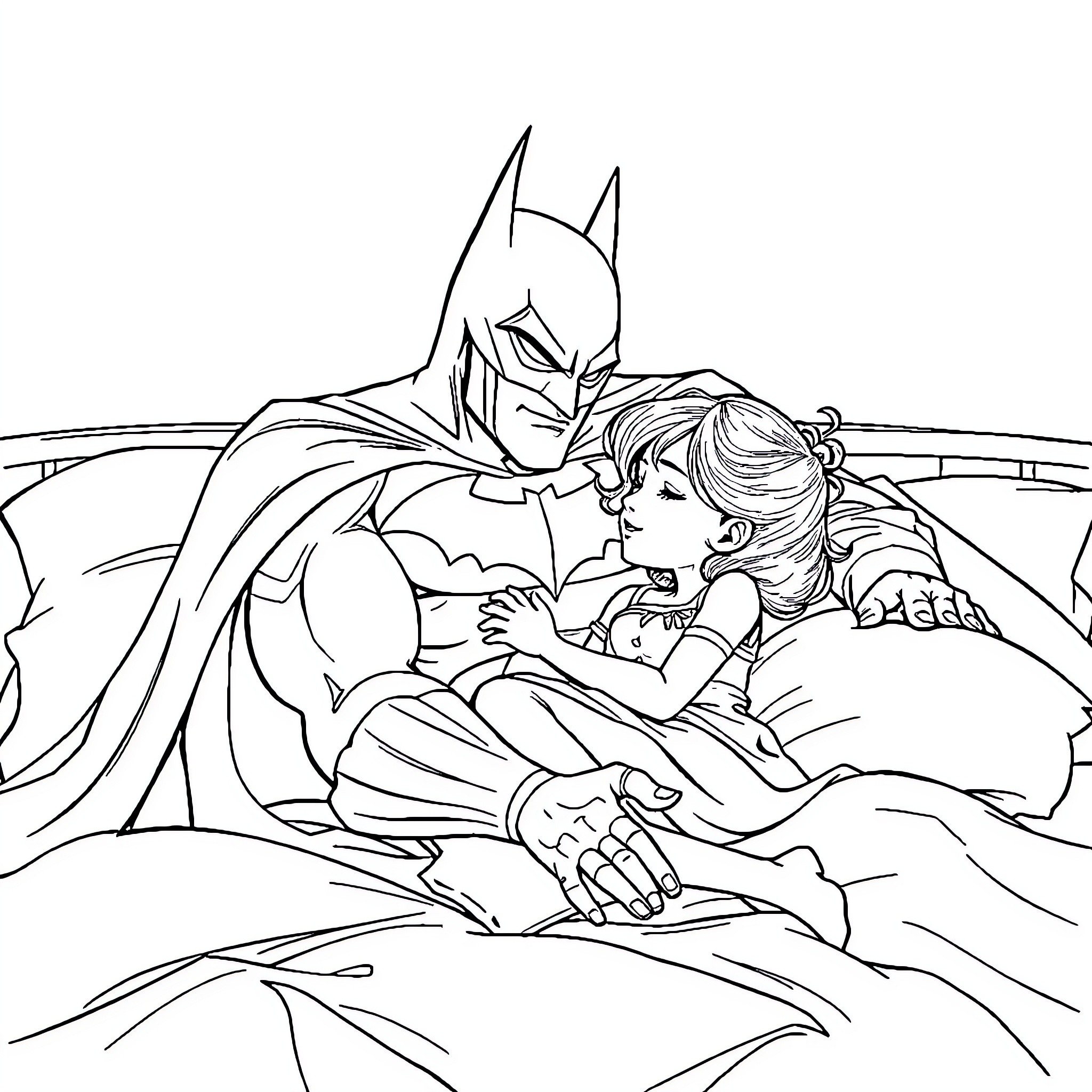 Batman comforting a young person in a bedroom setting Coloring Page (free black-and-white line drawing printable PDF for all, from beginners to advanced learners, including children, teens, adults, and seniors)