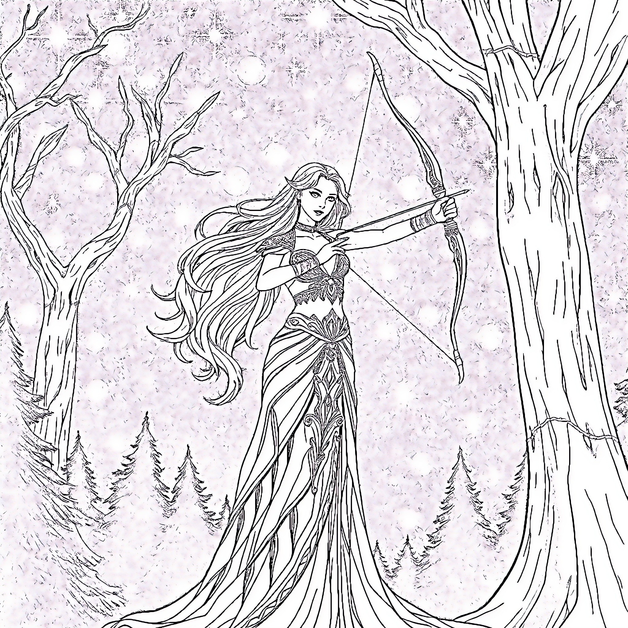 Feyre, the Archer Maiden in the Enchanted Forest Coloring Page (free black-and-white line drawing printable PDF for all, from beginners to advanced learners, including children, teens, adults, and seniors)