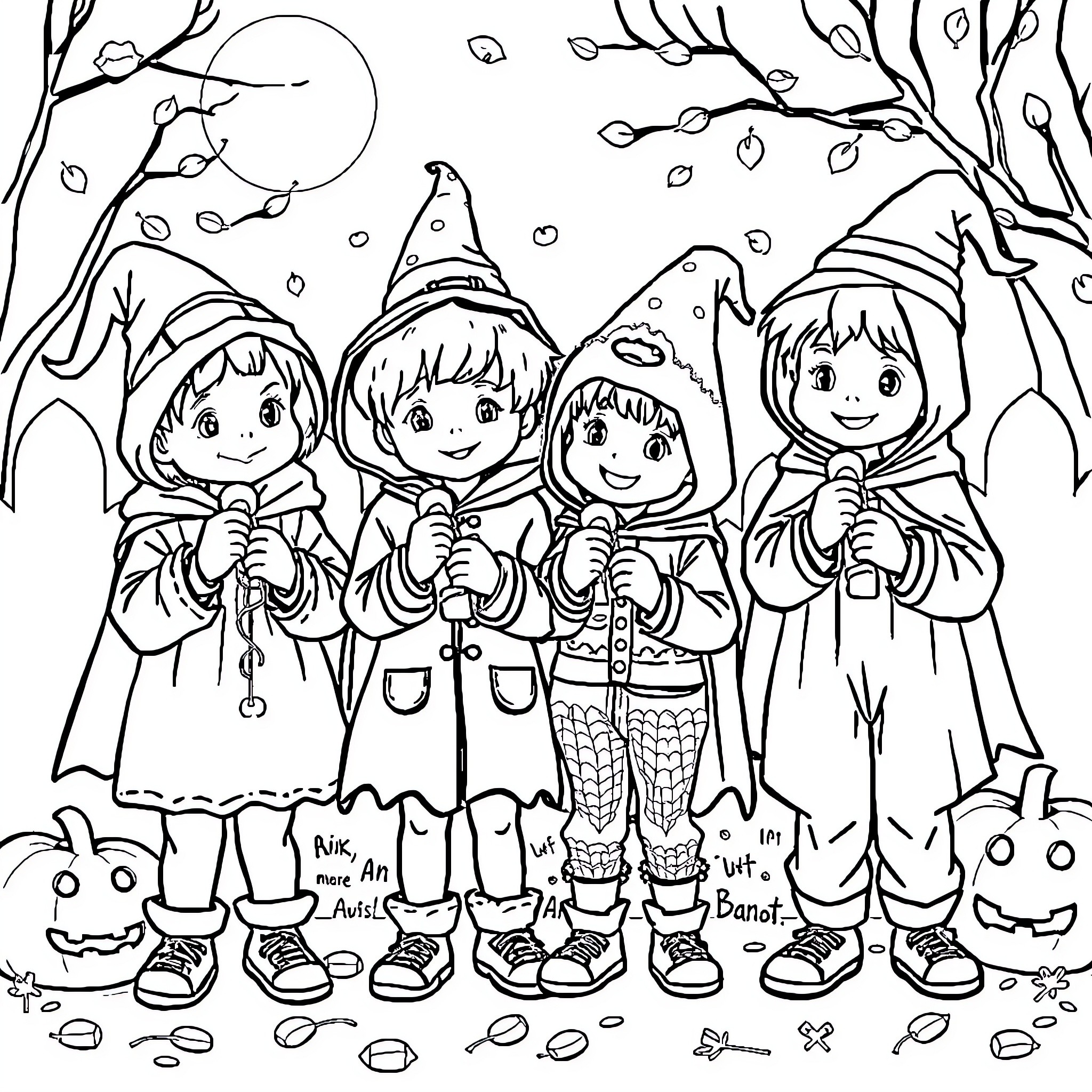 Children in Costume Enjoying the Outdoors Coloring Page (free black-and-white line drawing printable PDF for all, from beginners to advanced learners, including children, teens, adults, and seniors)