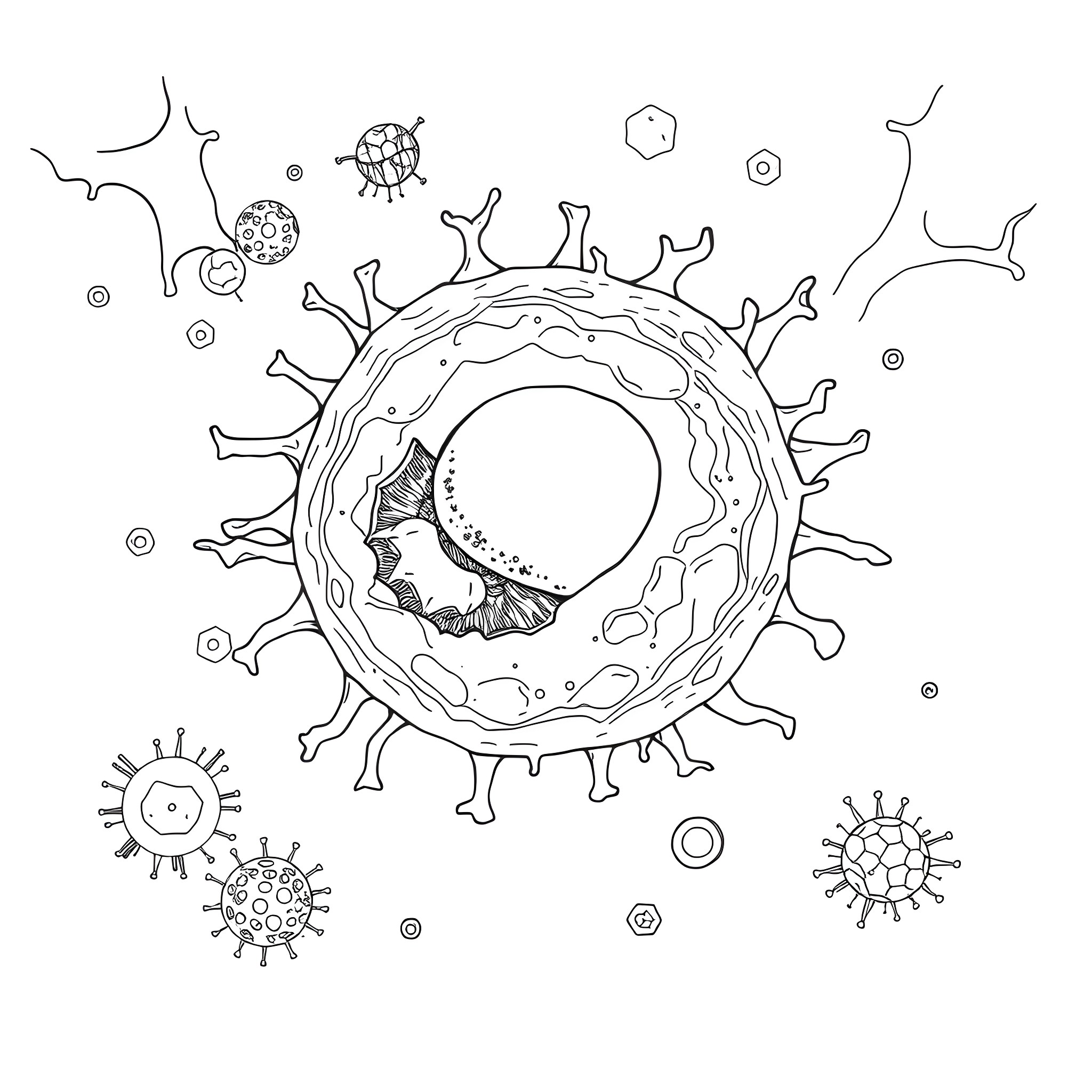Skin Cell under microscope in scientific illustration Coloring Page (free black-and-white line drawing printable PDF for all, from beginners to advanced learners, including children, teens, adults, and seniors)