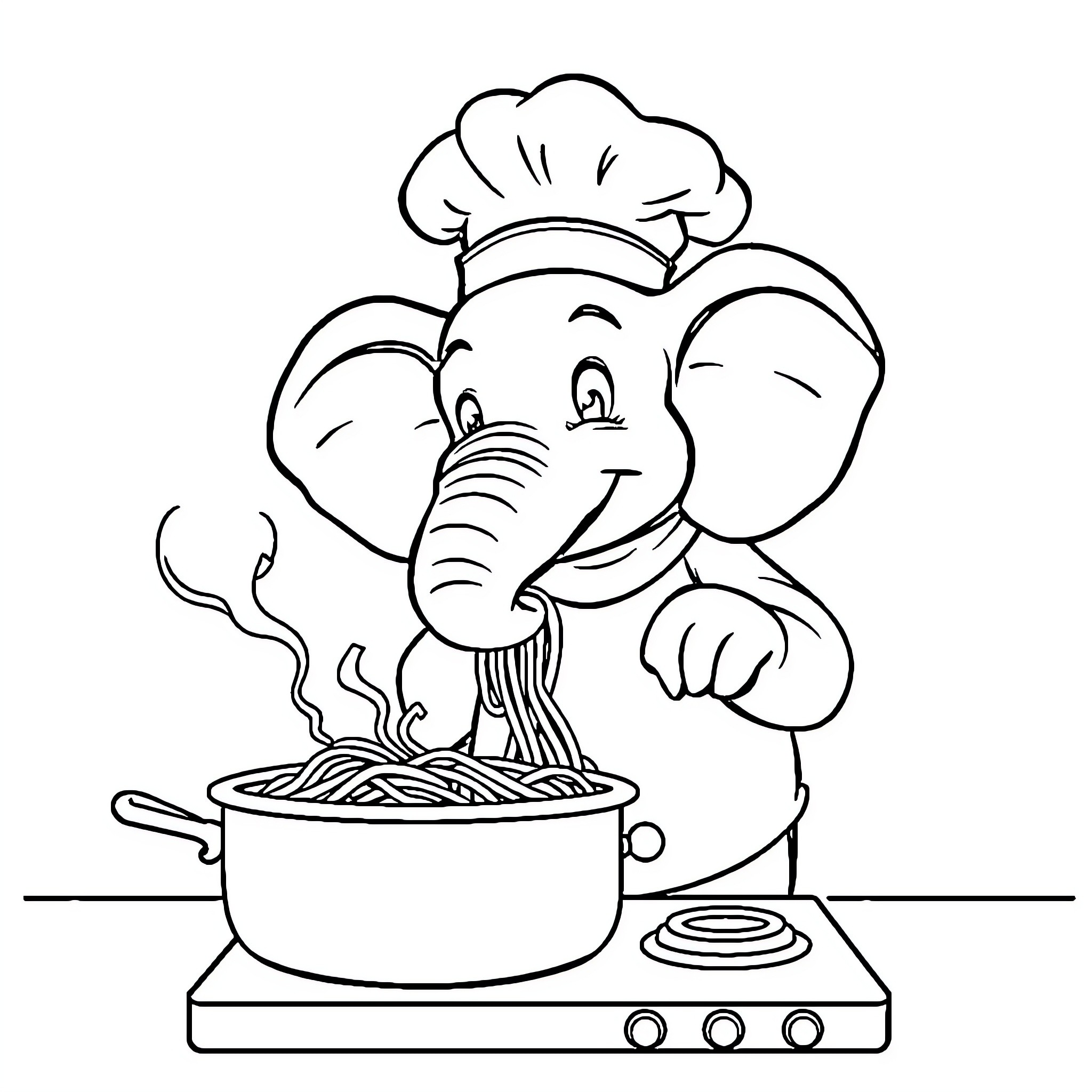 Elephant Chef Cooking Pasta in the Kitchen Coloring Page (free black-and-white line drawing printable PDF for all, from beginners to advanced learners, including children, teens, adults, and seniors)