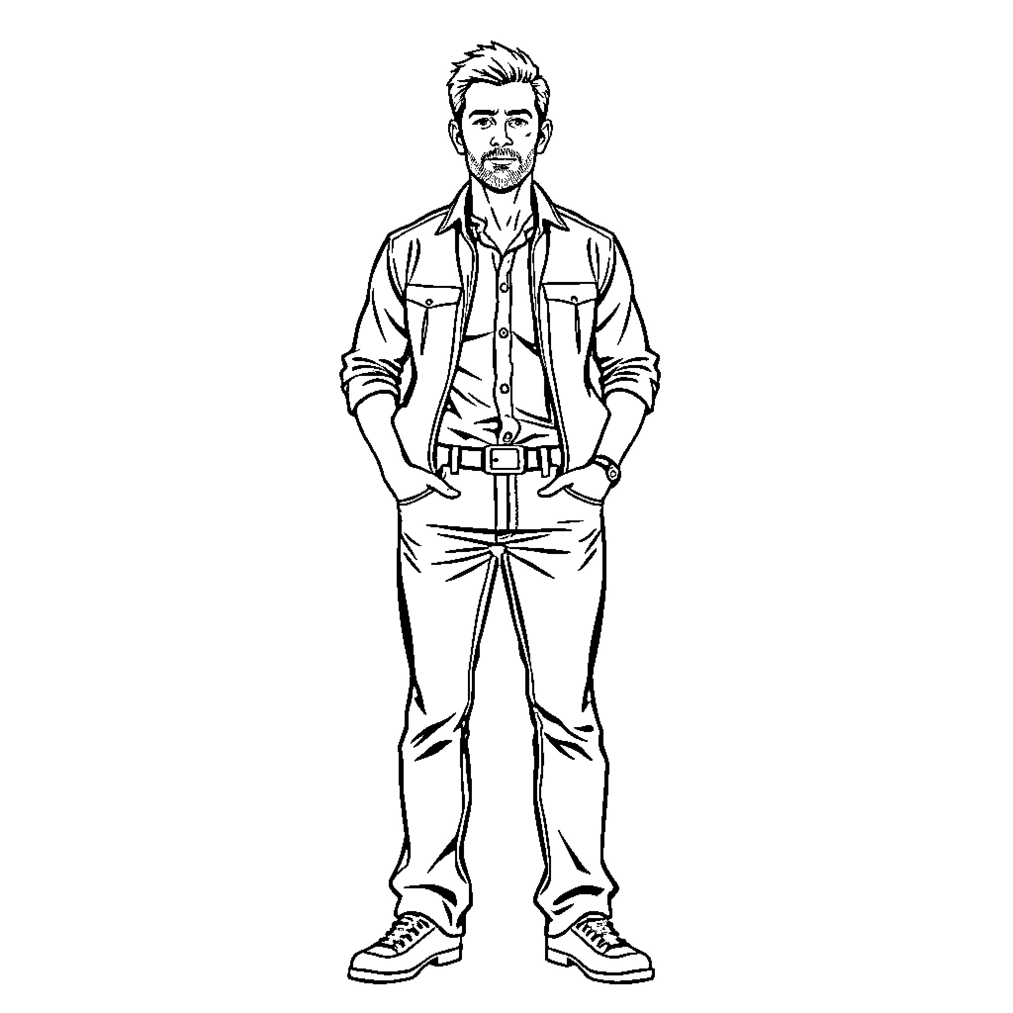 Man in casual attire with confident pose Coloring Page (free black-and-white line drawing printable PDF for all, from beginners to advanced learners, including children, teens, adults, and seniors)