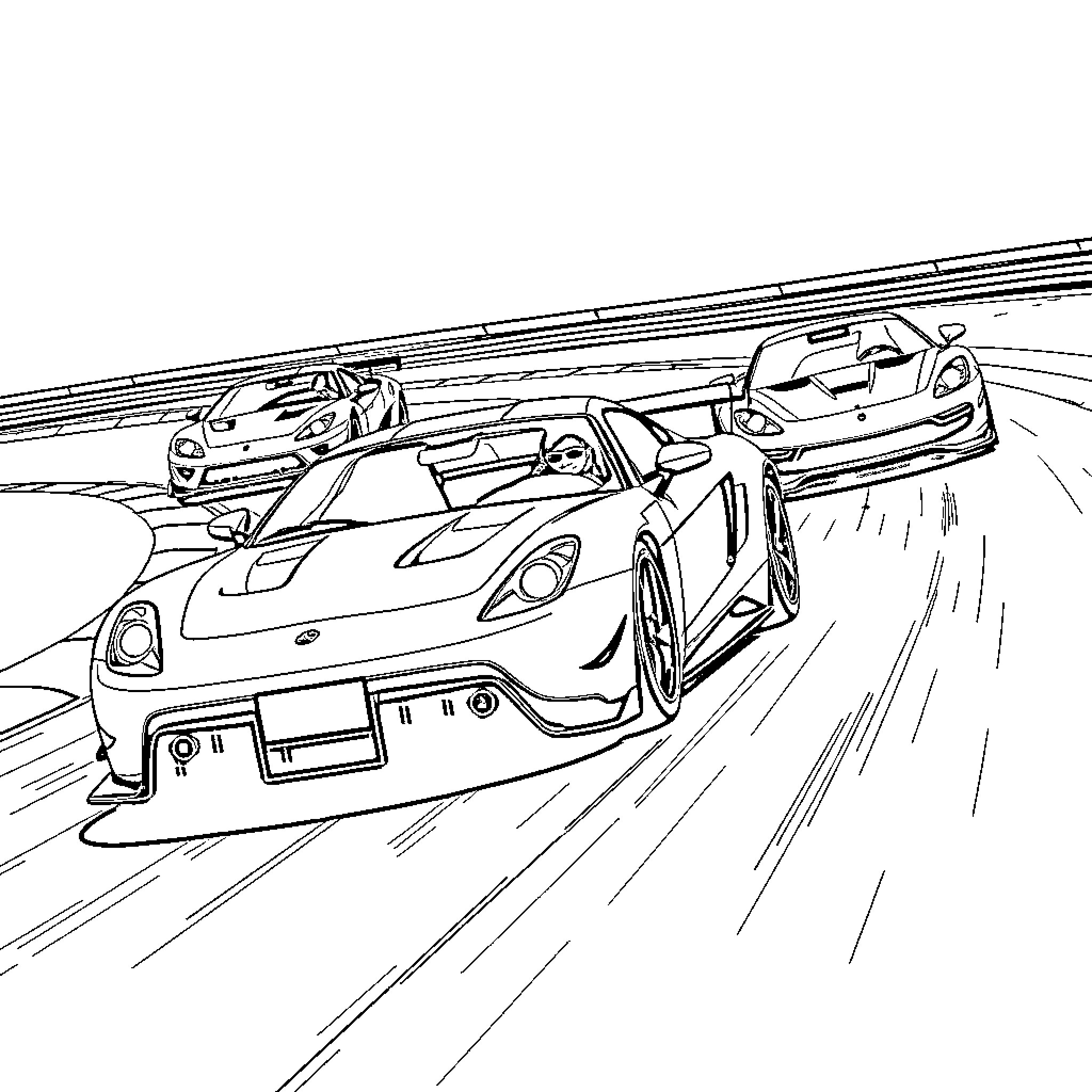 Gran Turismo Racers Speeding Down the Track Coloring Page (free black-and-white line drawing printable PDF for all, from beginners to advanced learners, including children, teens, adults, and seniors)