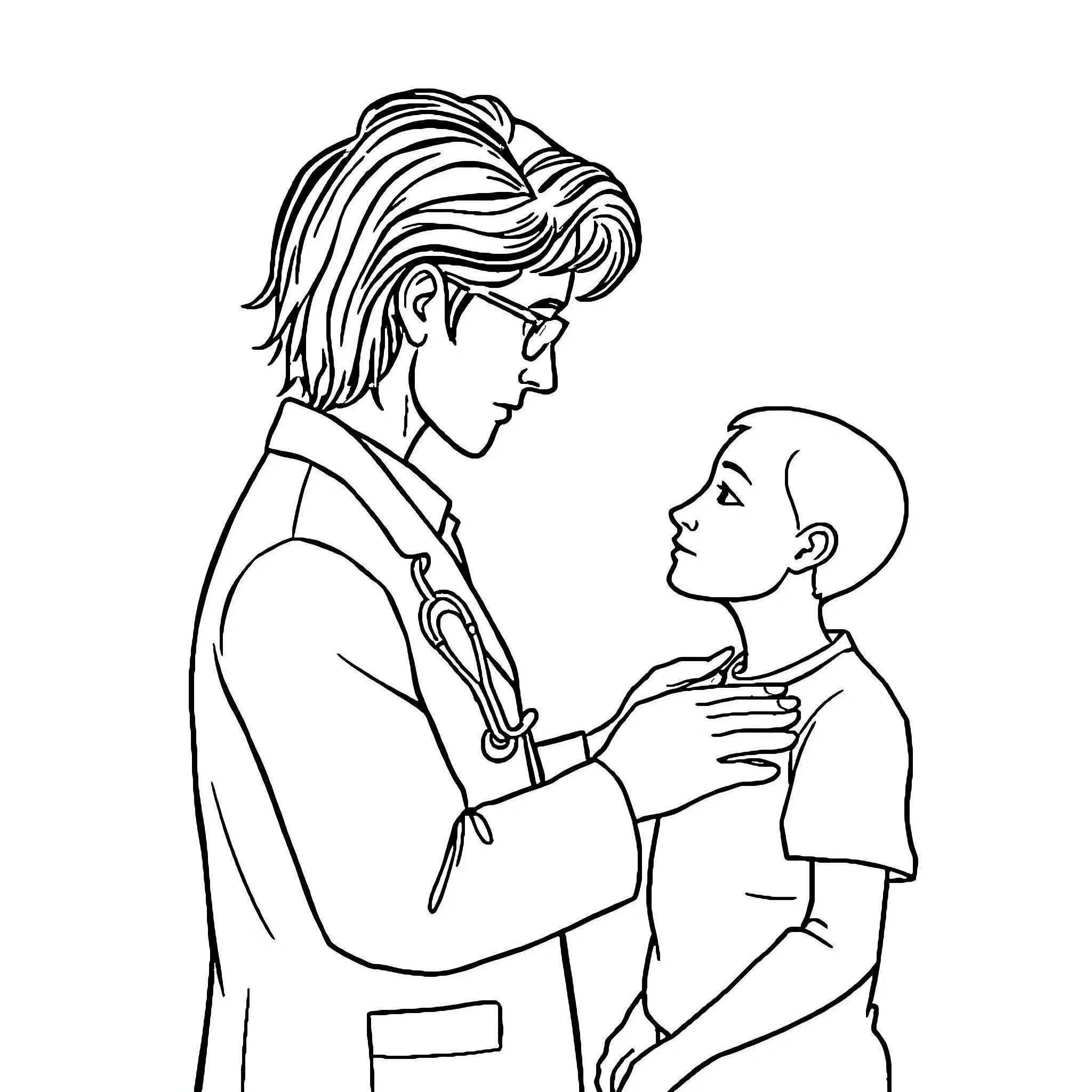 Doctor examining young patient Coloring Page (free black-and-white line drawing printable PDF for all, from beginners to advanced learners, including children, teens, adults, and seniors)