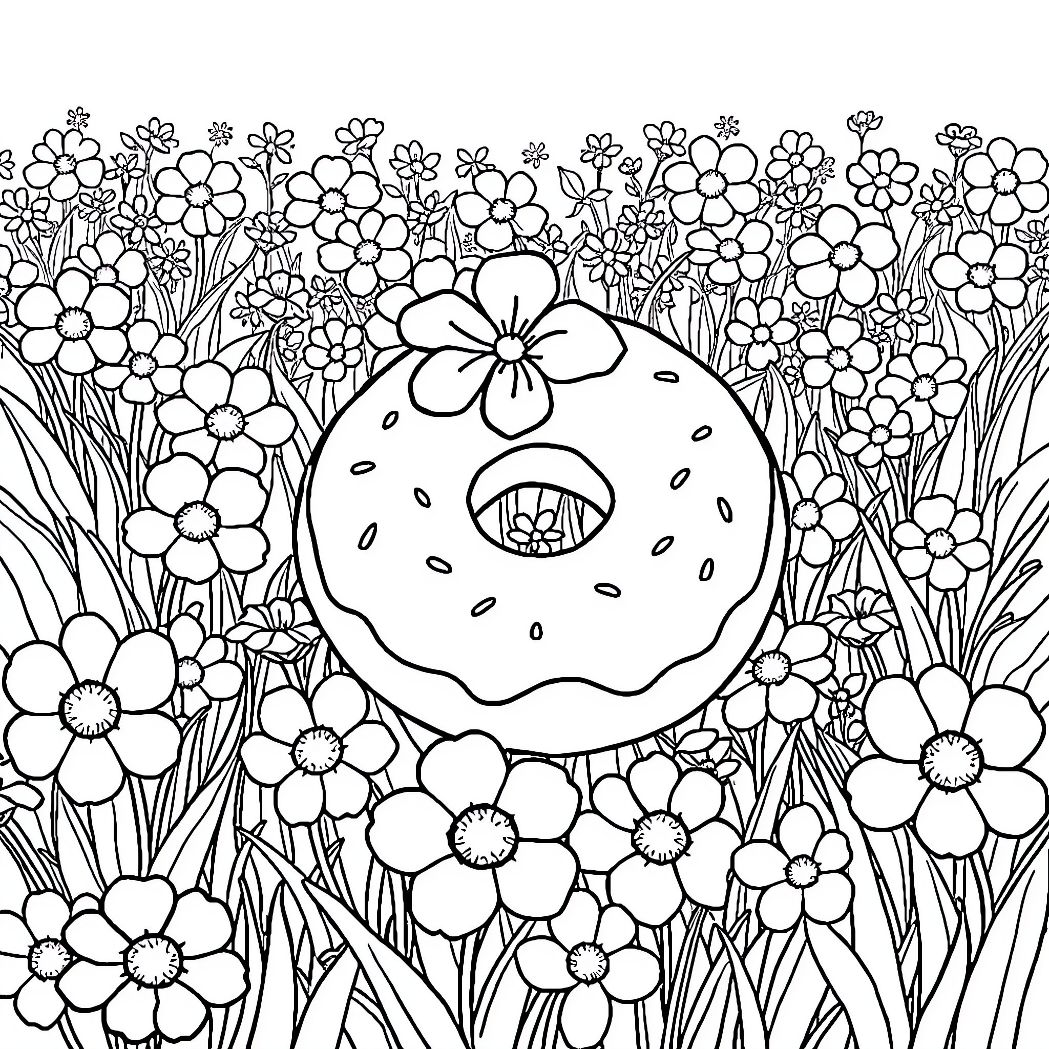 Donut surrounded by whimsical floral scene Coloring Page (free black-and-white line drawing printable PDF for all, from beginners to advanced learners, including children, teens, adults, and seniors)