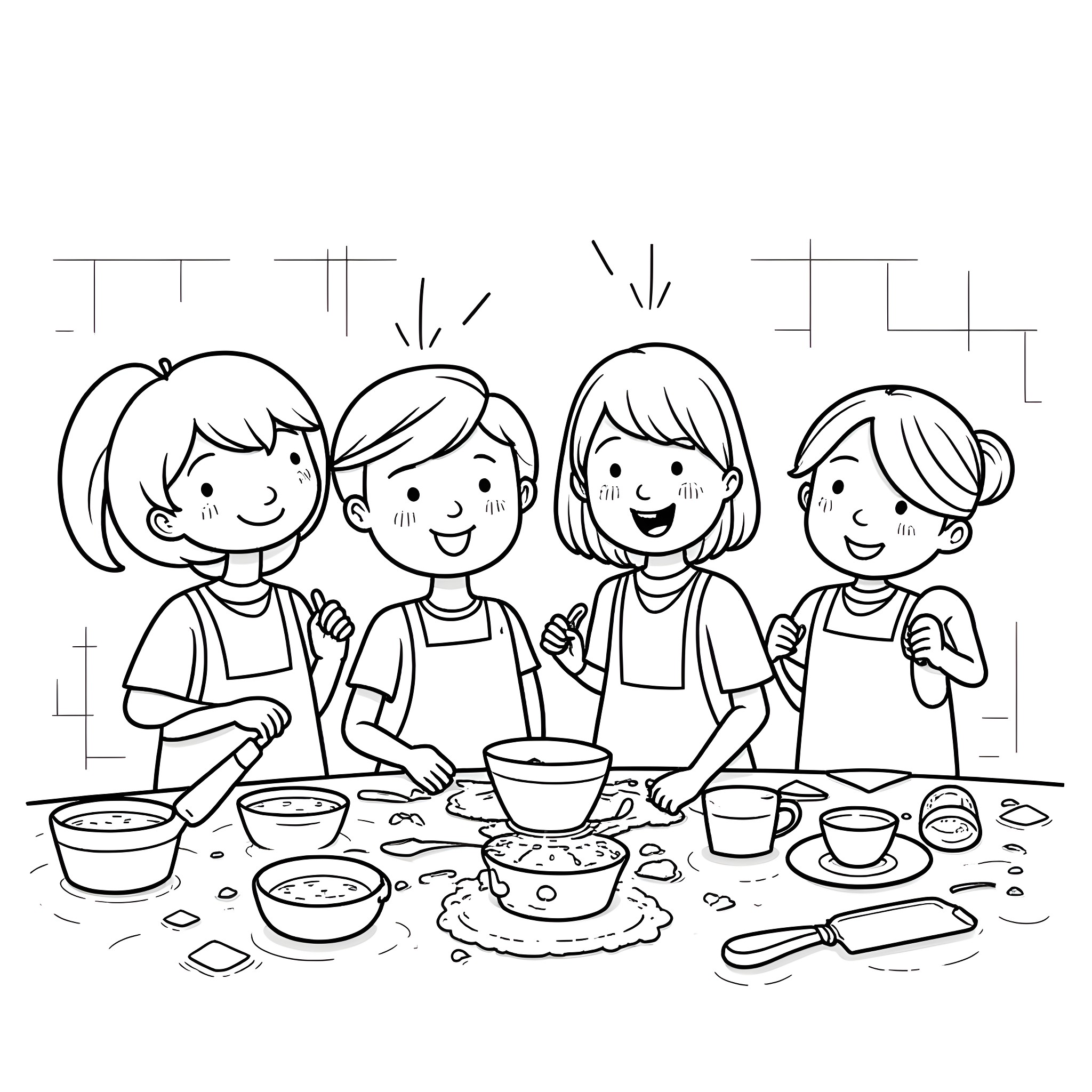 Kids enjoying a fun baking session together Coloring Page (free black-and-white line drawing printable PDF for all, from beginners to advanced learners, including children, teens, adults, and seniors)